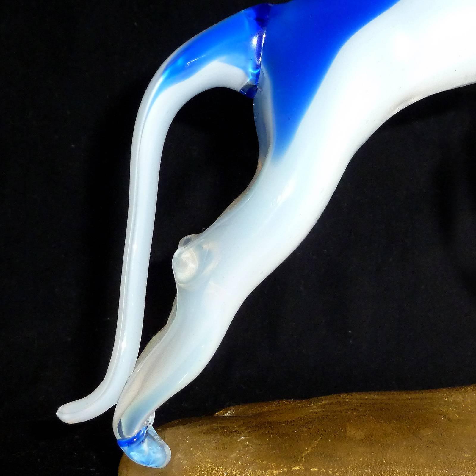 Murano Opal White Blue Gold Italian Art Glass Whippet Greyhound Dog Sculpture In Good Condition For Sale In Kissimmee, FL