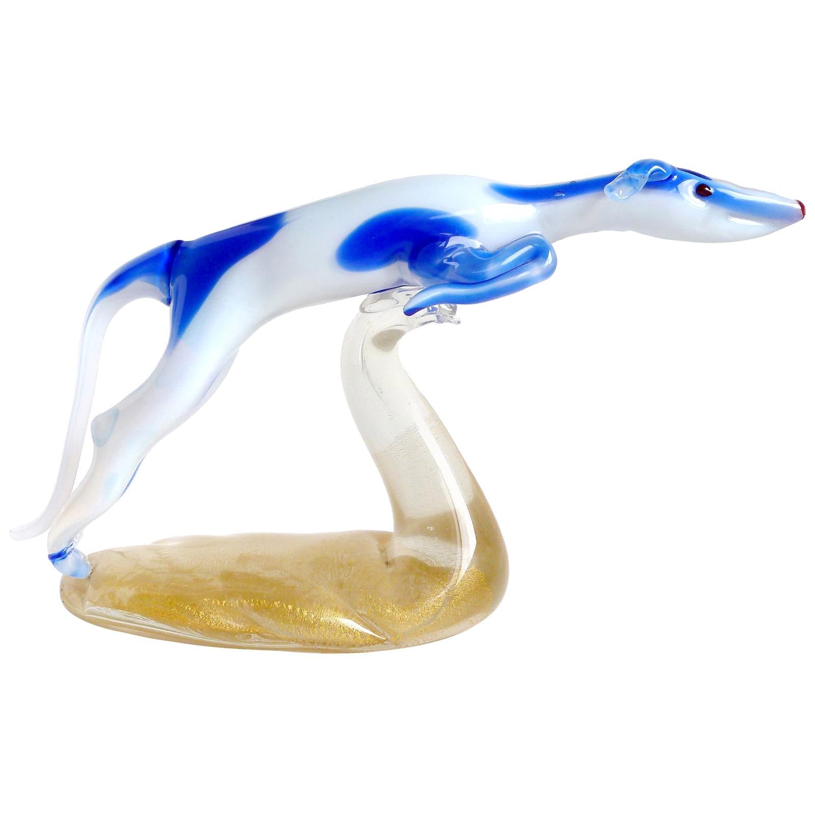 Murano Opal White Blue Gold Italian Art Glass Whippet Greyhound Dog Sculpture en vente