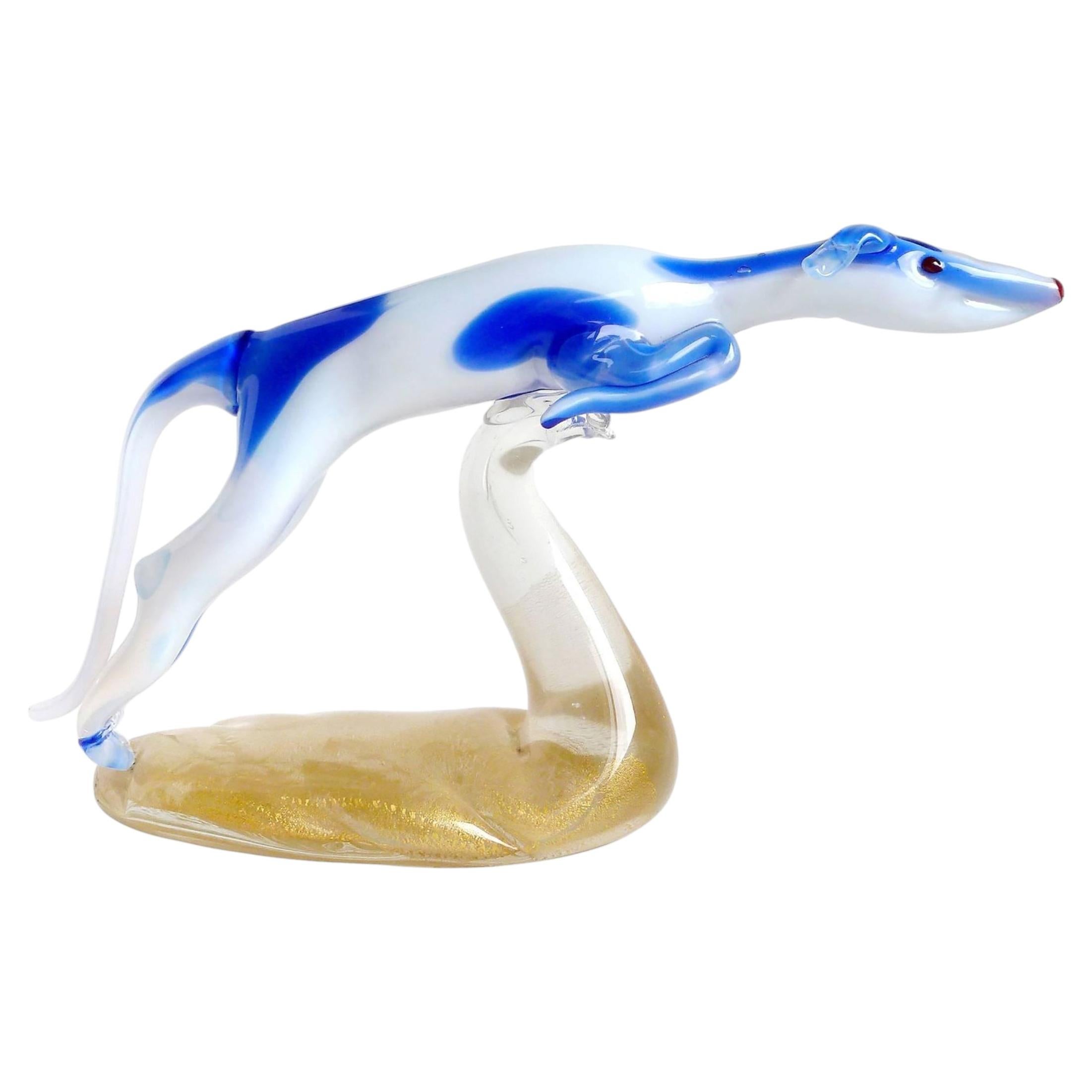 Murano Opal White Blue Gold Italian Art Glass Whippet Greyhound Dog Sculpture For Sale