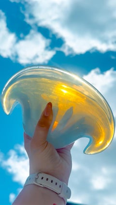 Murano Opalescent Blue Amber Shell Clam Glass Bowl Mid Century