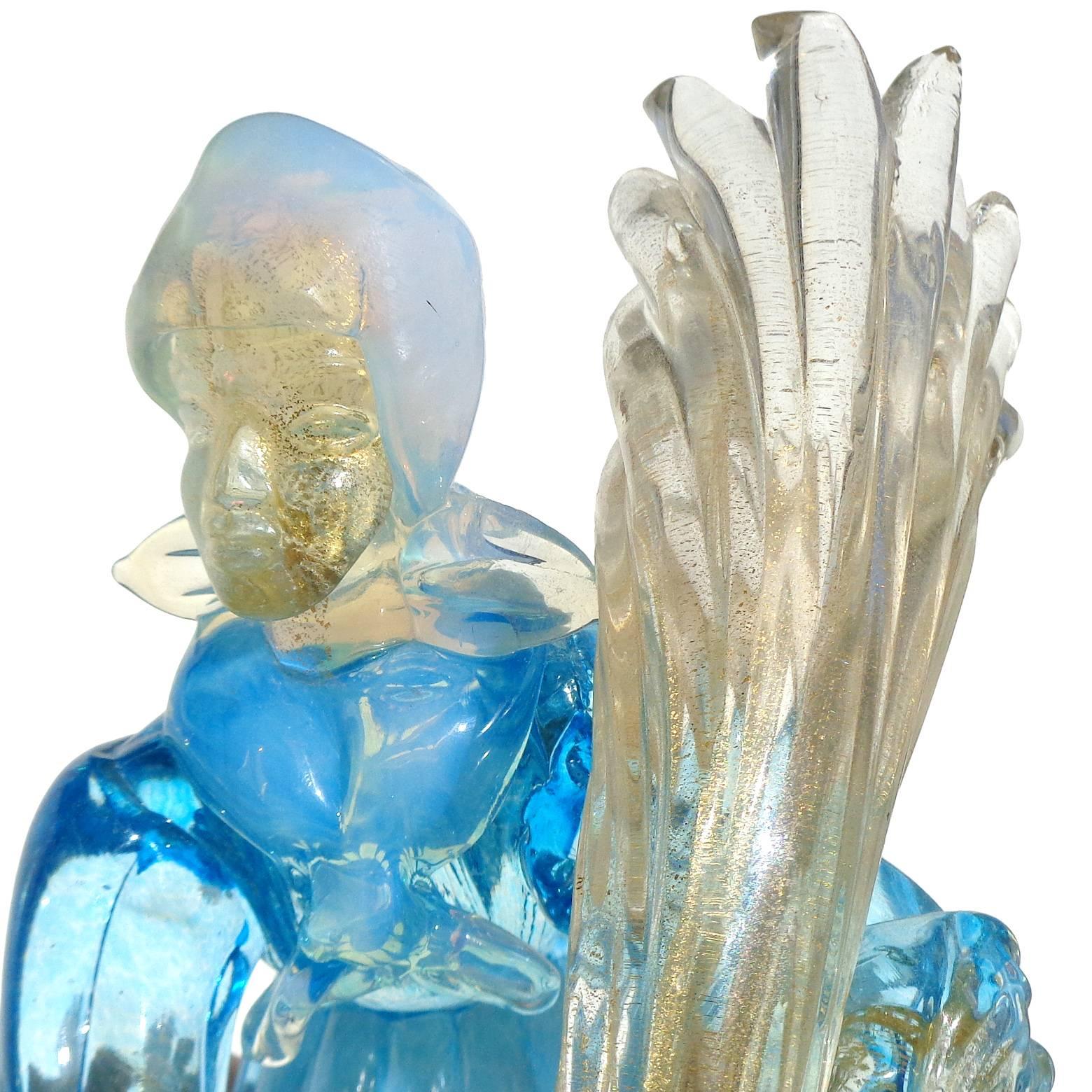 Mid-Century Modern Sculpture de fermier en verre d'art italien de Murano, bleu opalescent, blanc et mouchetures d'or en vente