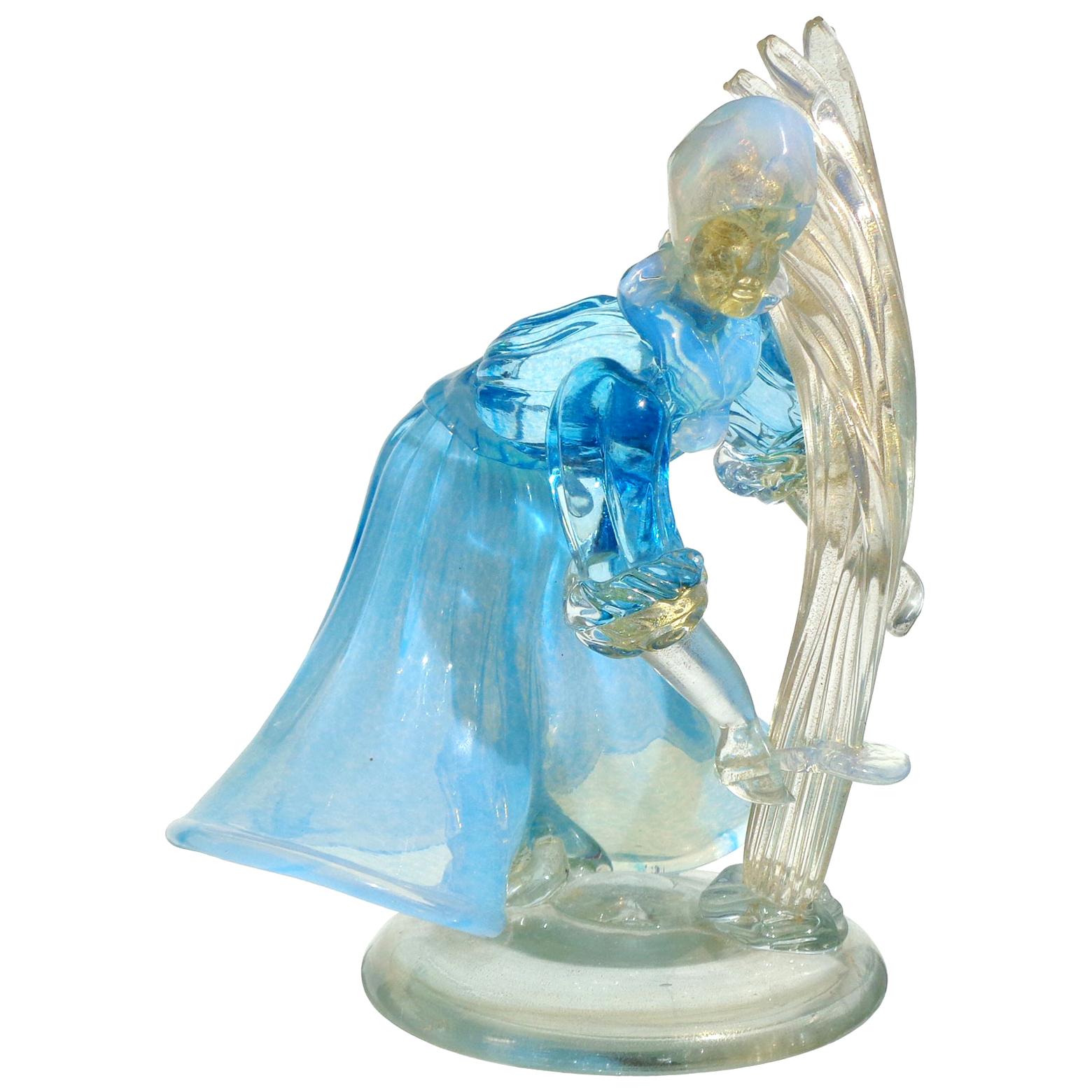 Sculpture de fermier en verre d'art italien de Murano, bleu opalescent, blanc et mouchetures d'or