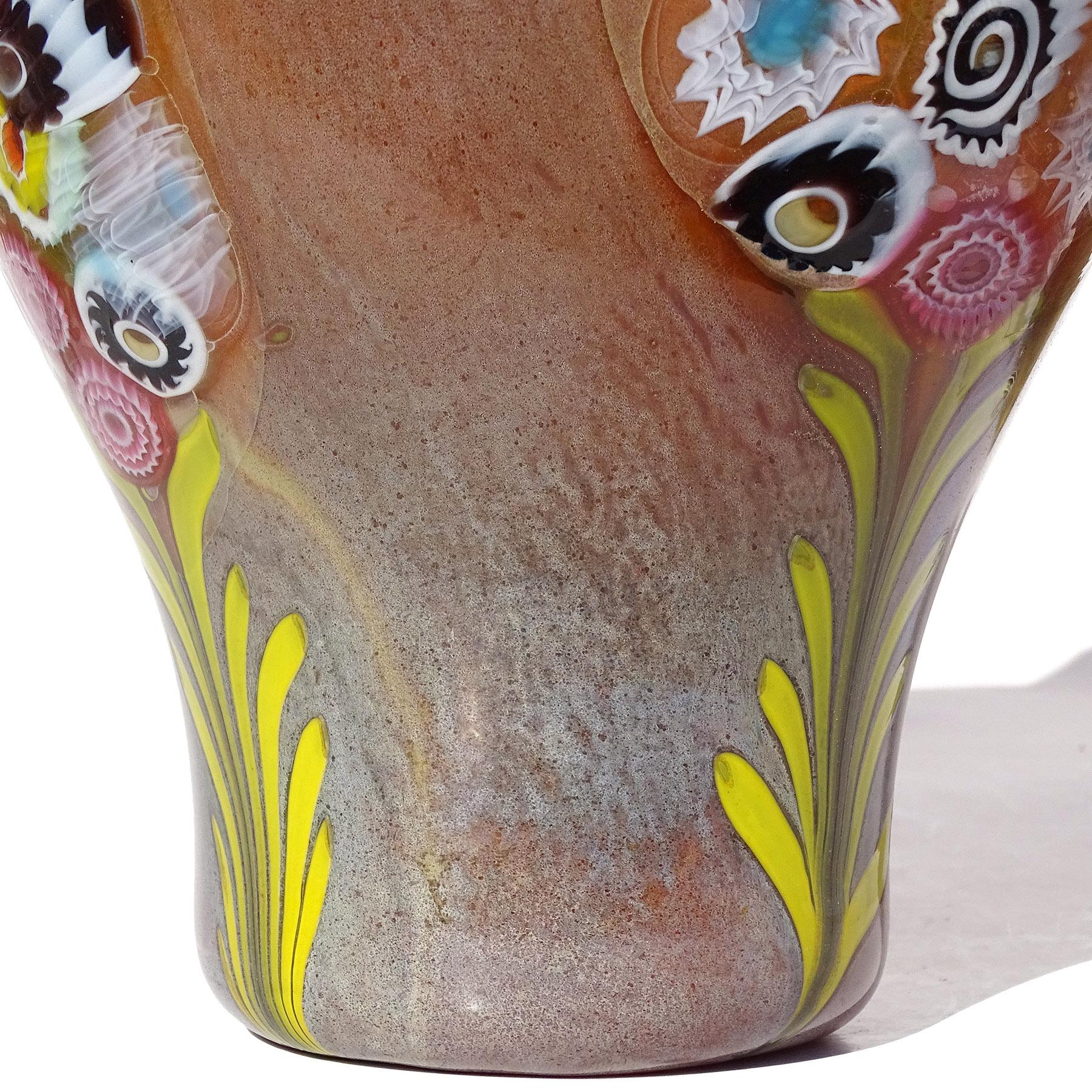 Murano Opalescent Chalcedony Millefiori Flower Murrines Italian Art Glass Vase For Sale 6