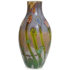 Murano Opalescent Chalcedony Millefiori Flower Murrines Italian Art Glass Vase