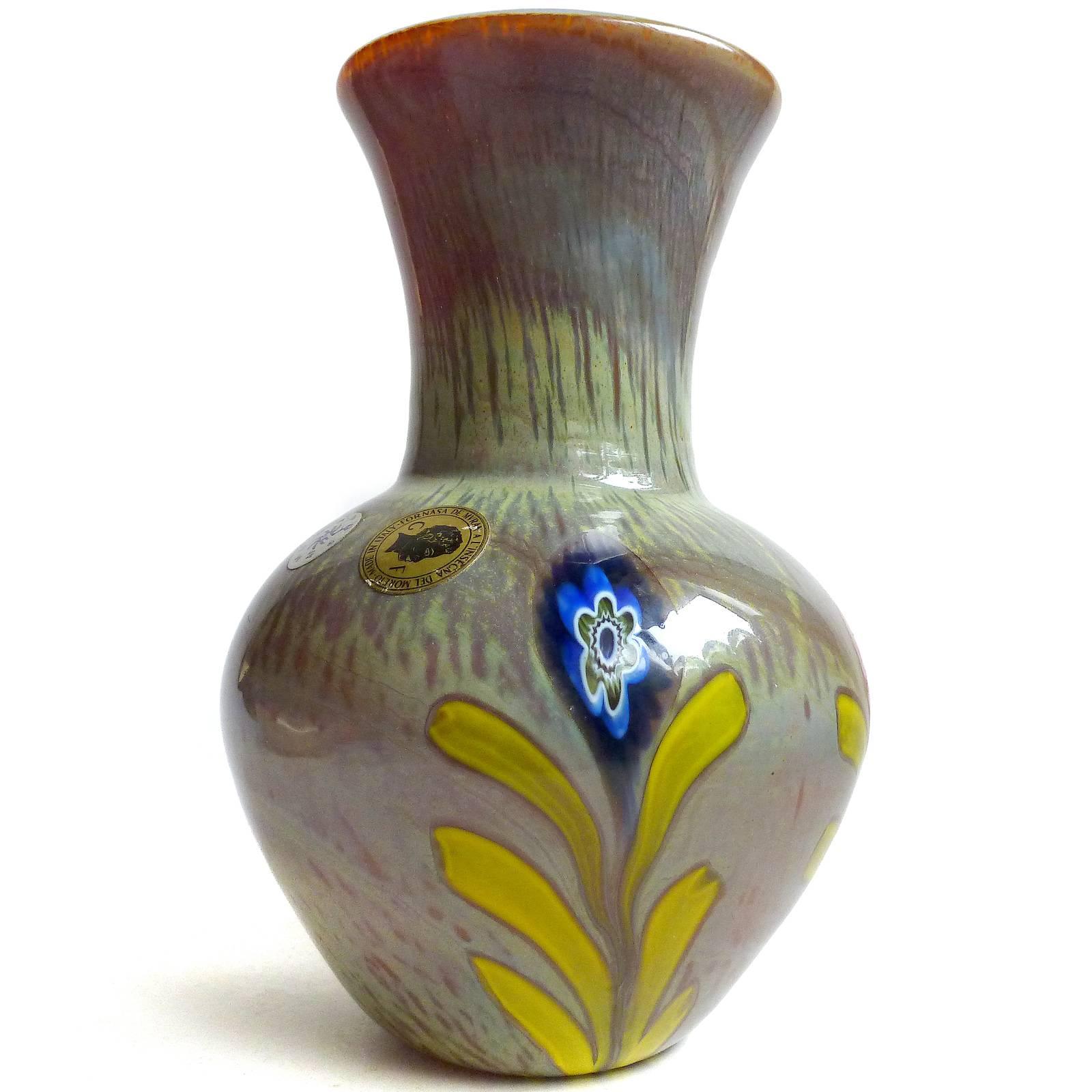 Mid-Century Modern Murano Opalescent Chalcedony Millefiori Flower Murrines Italian Art Glass Vase