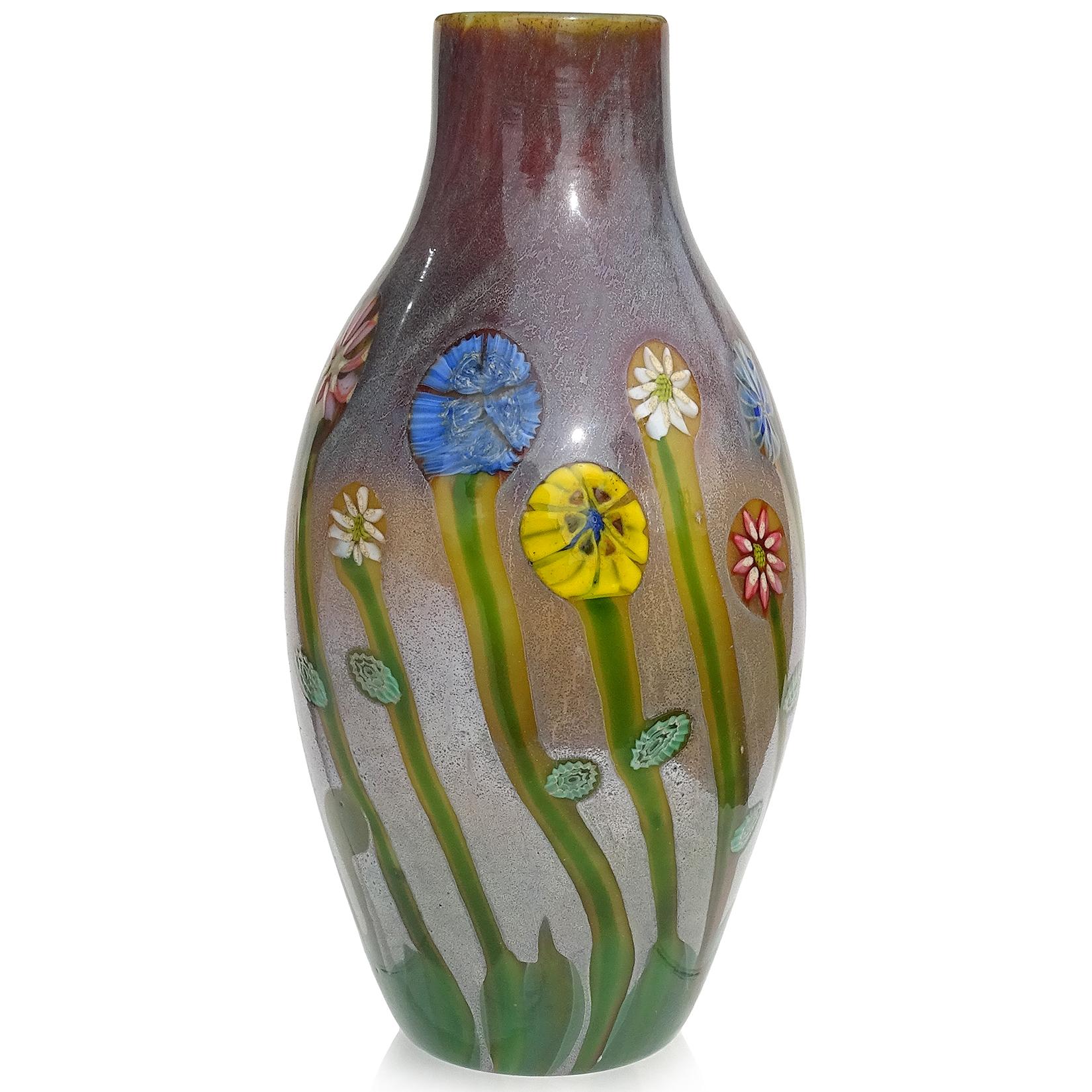 Mid-Century Modern Murano Opalescent Chalcedony Millefiori Flower Murrines Italian Art Glass Vase