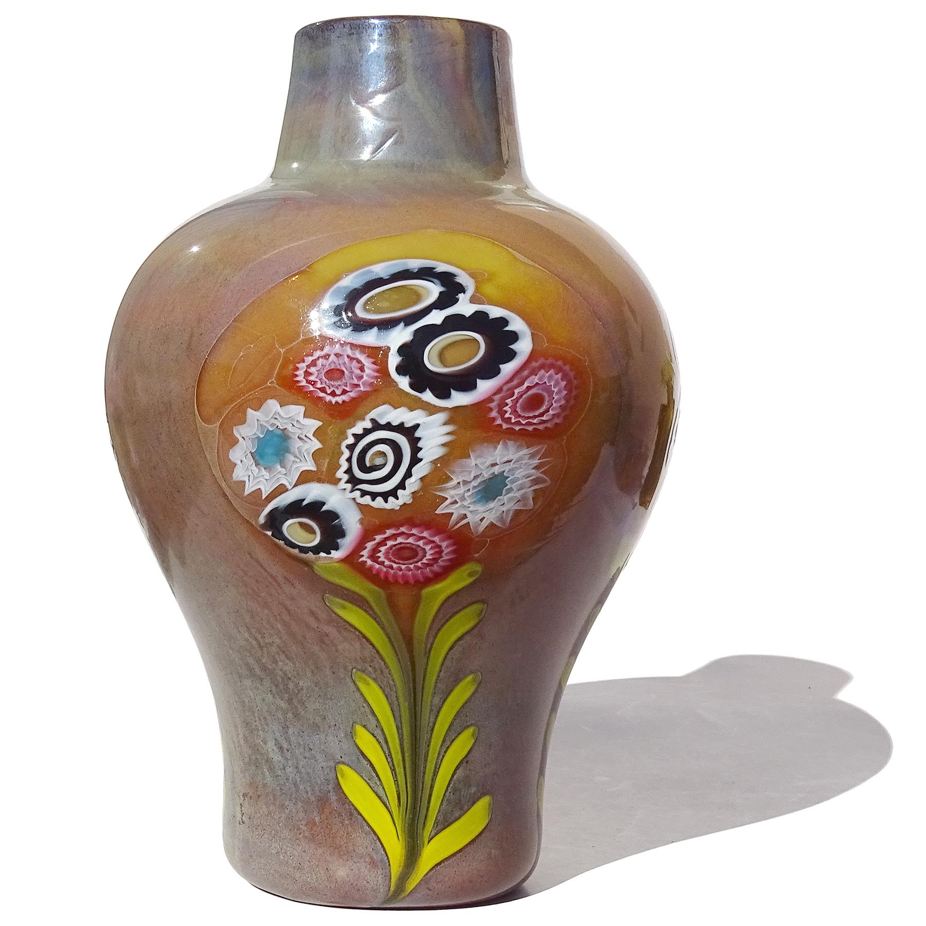 Mid-Century Modern Murano Opalescent Chalcedony Millefiori Flower Murrines Italian Art Glass Vase For Sale