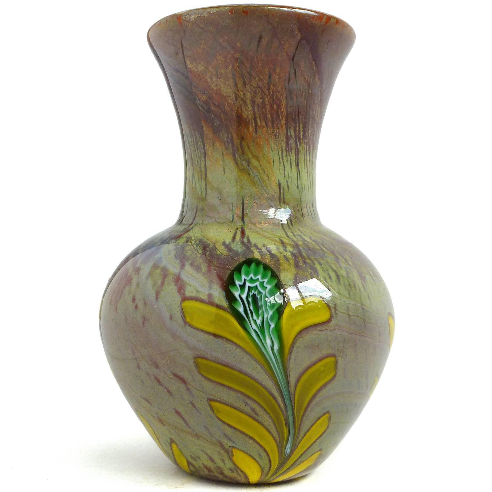 Hand-Crafted Murano Opalescent Chalcedony Millefiori Flower Murrines Italian Art Glass Vase