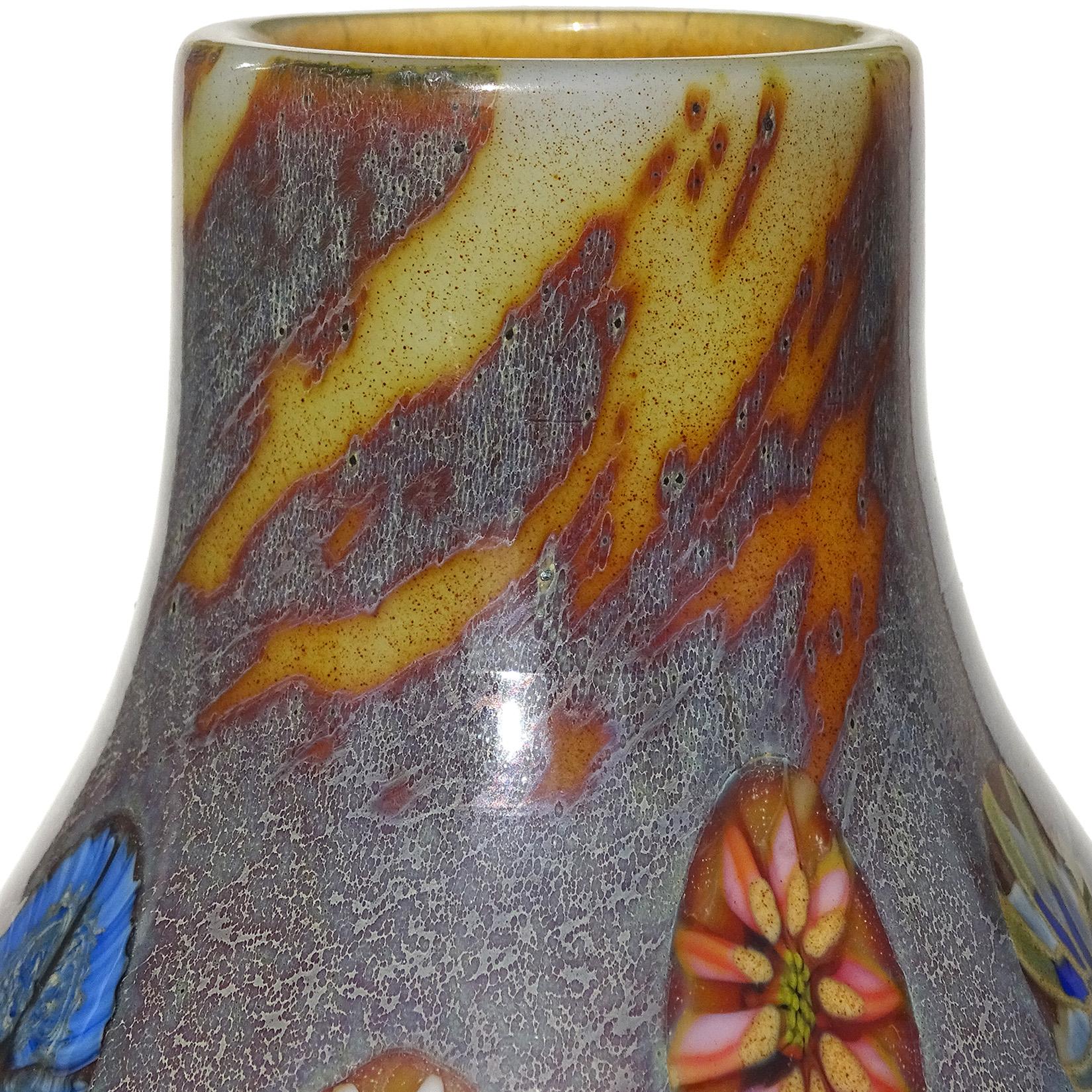 Hand-Crafted Murano Opalescent Chalcedony Millefiori Flower Murrines Italian Art Glass Vase