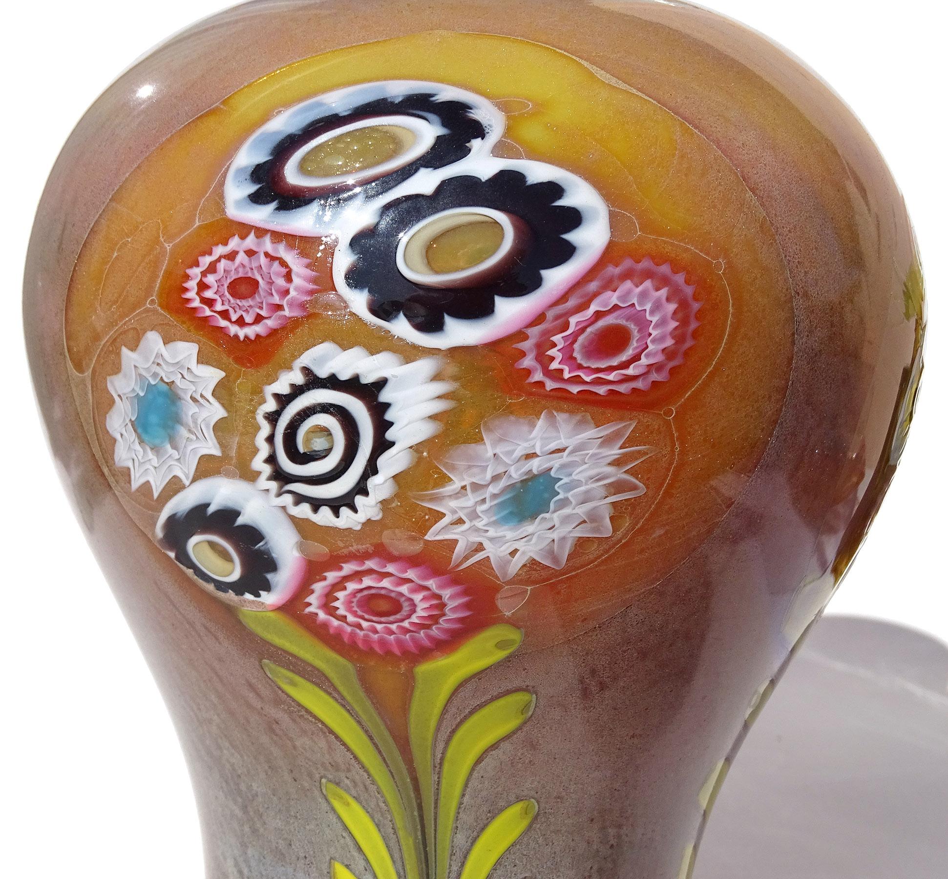 Hand-Crafted Murano Opalescent Chalcedony Millefiori Flower Murrines Italian Art Glass Vase For Sale
