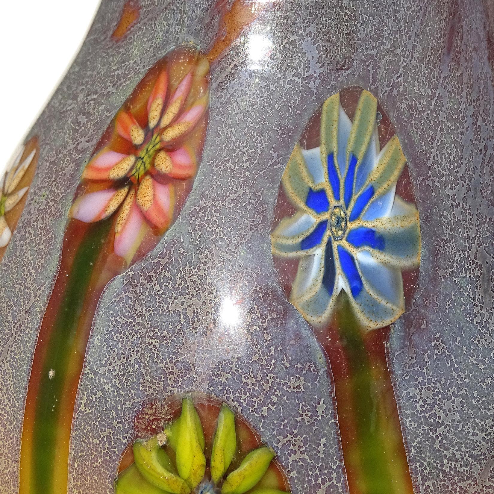 Murano Opalescent Chalcedony Millefiori Flower Murrines Italian Art Glass Vase In Good Condition In Kissimmee, FL