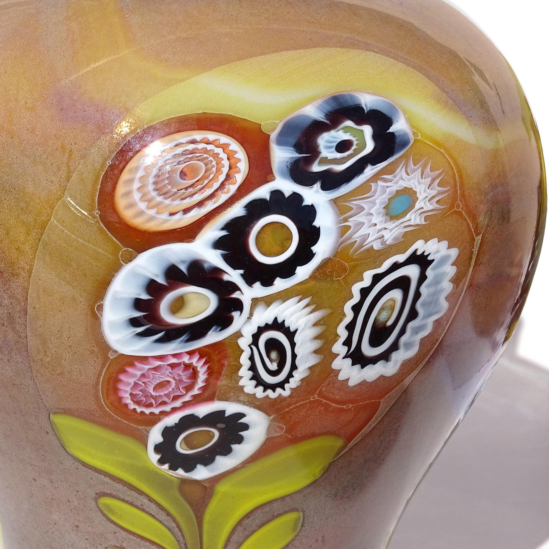 20th Century Murano Opalescent Chalcedony Millefiori Flower Murrines Italian Art Glass Vase For Sale