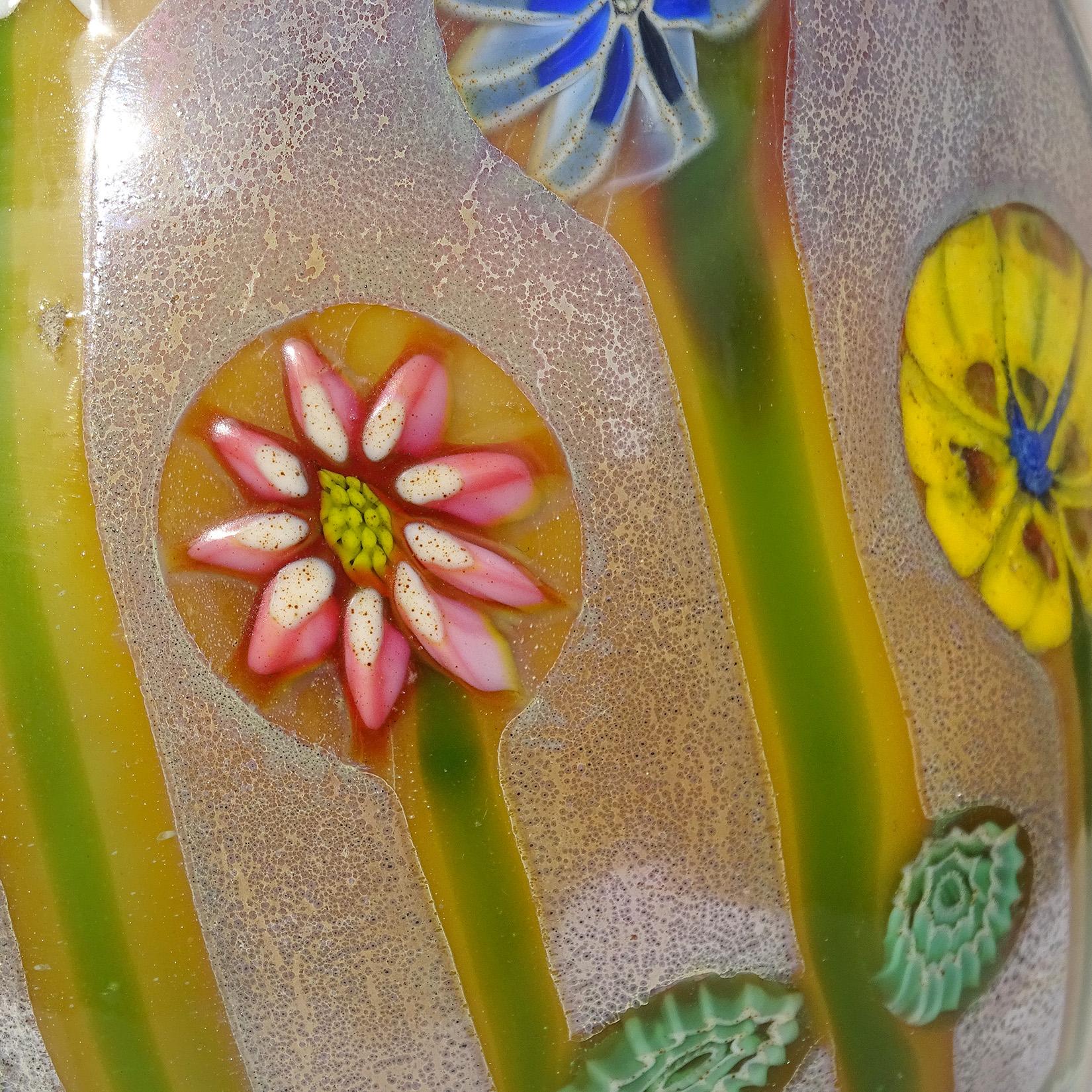 Murano Opalescent Chalcedony Millefiori Flower Murrines Italian Art Glass Vase 1