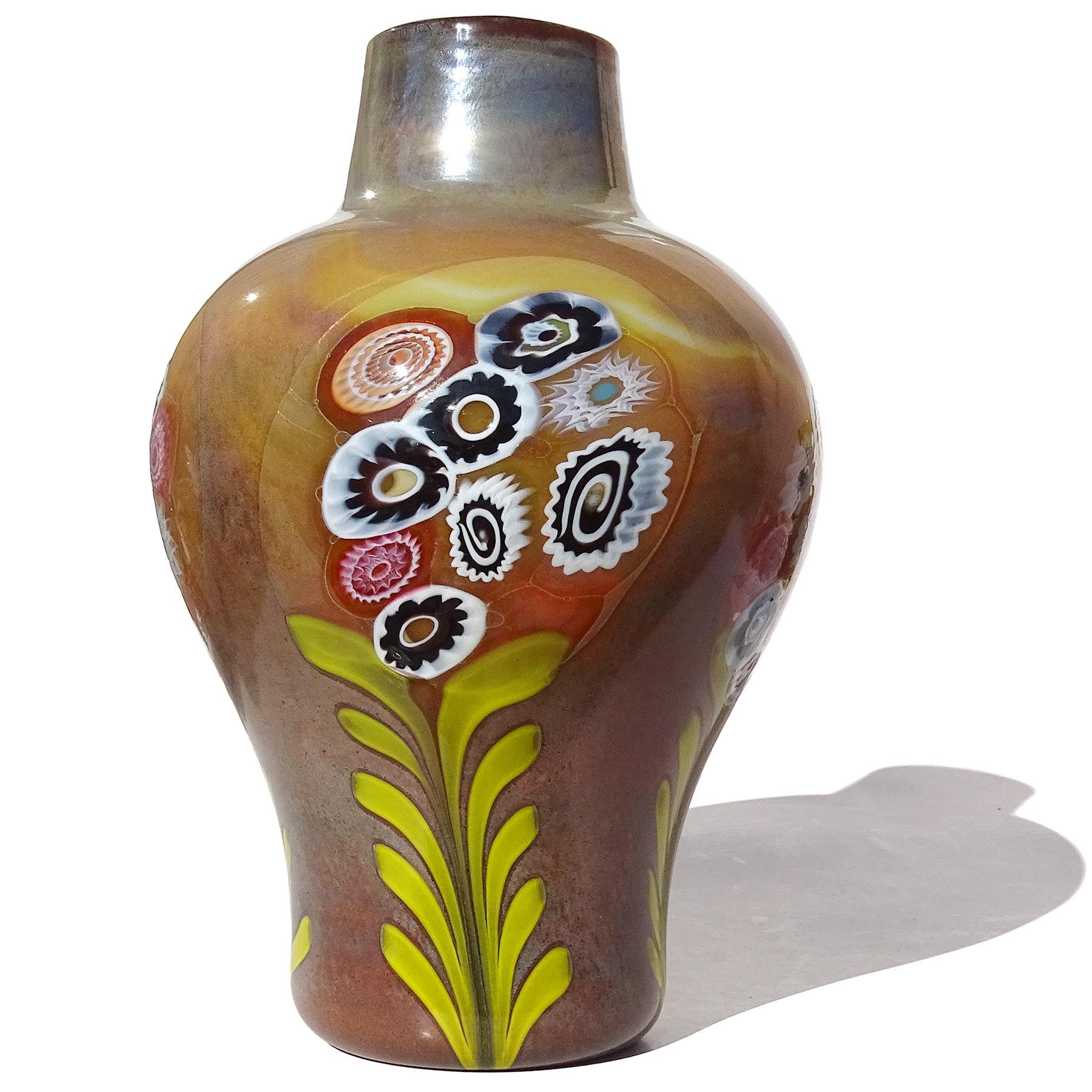 Murano Opalescent Chalcedony Millefiori Flower Murrines Italian Art Glass Vase For Sale 1