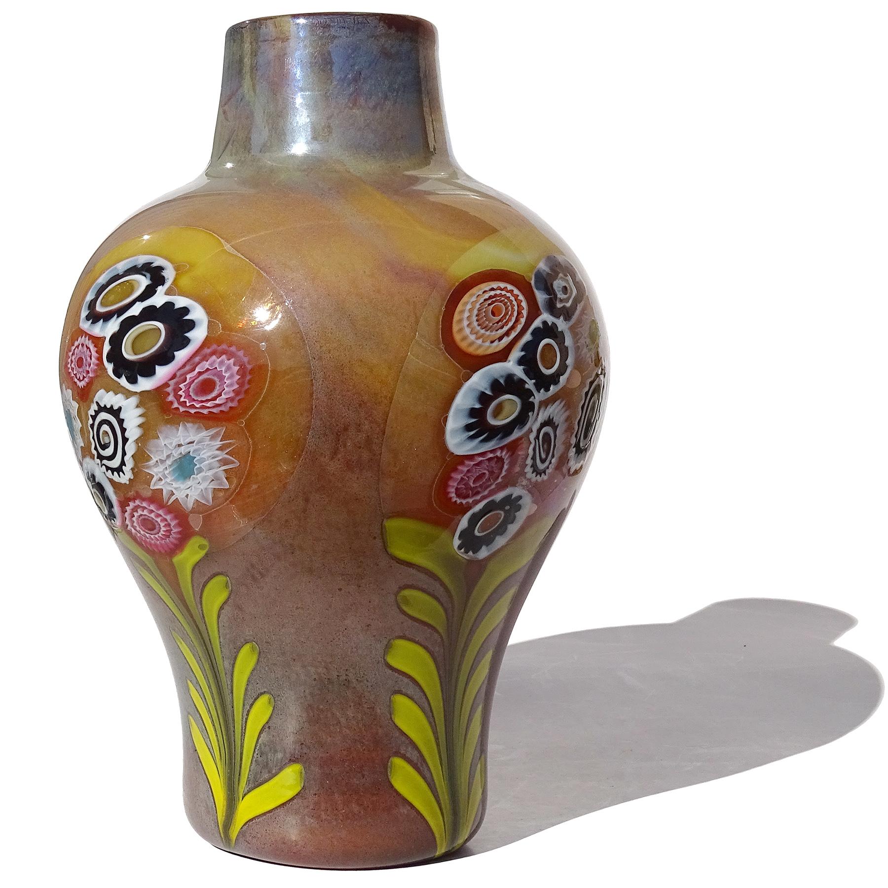 Murano Opalescent Chalcedony Millefiori Flower Murrines Italian Art Glass Vase For Sale 2