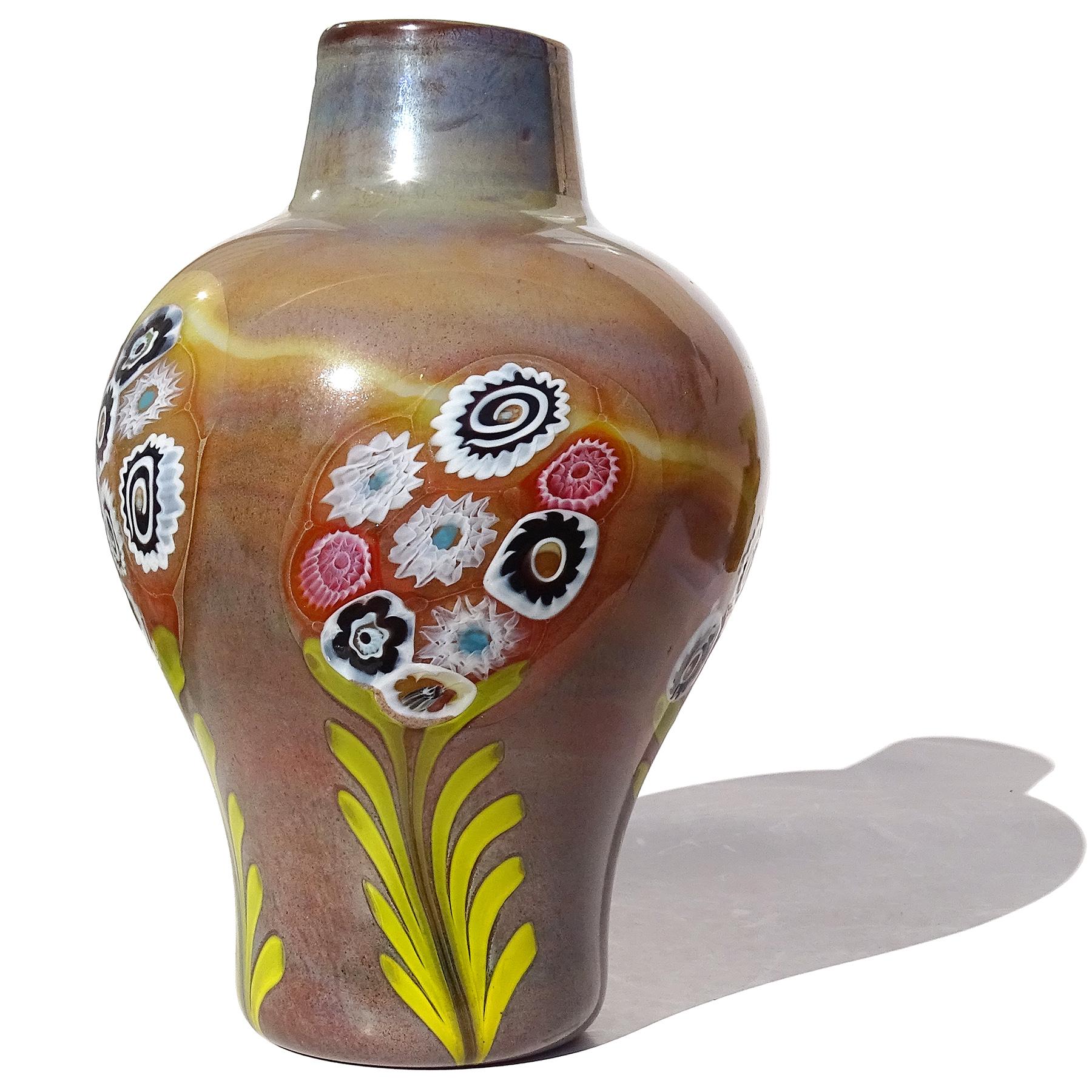 Murano Opalescent Chalcedony Millefiori Flower Murrines Italian Art Glass Vase For Sale 3