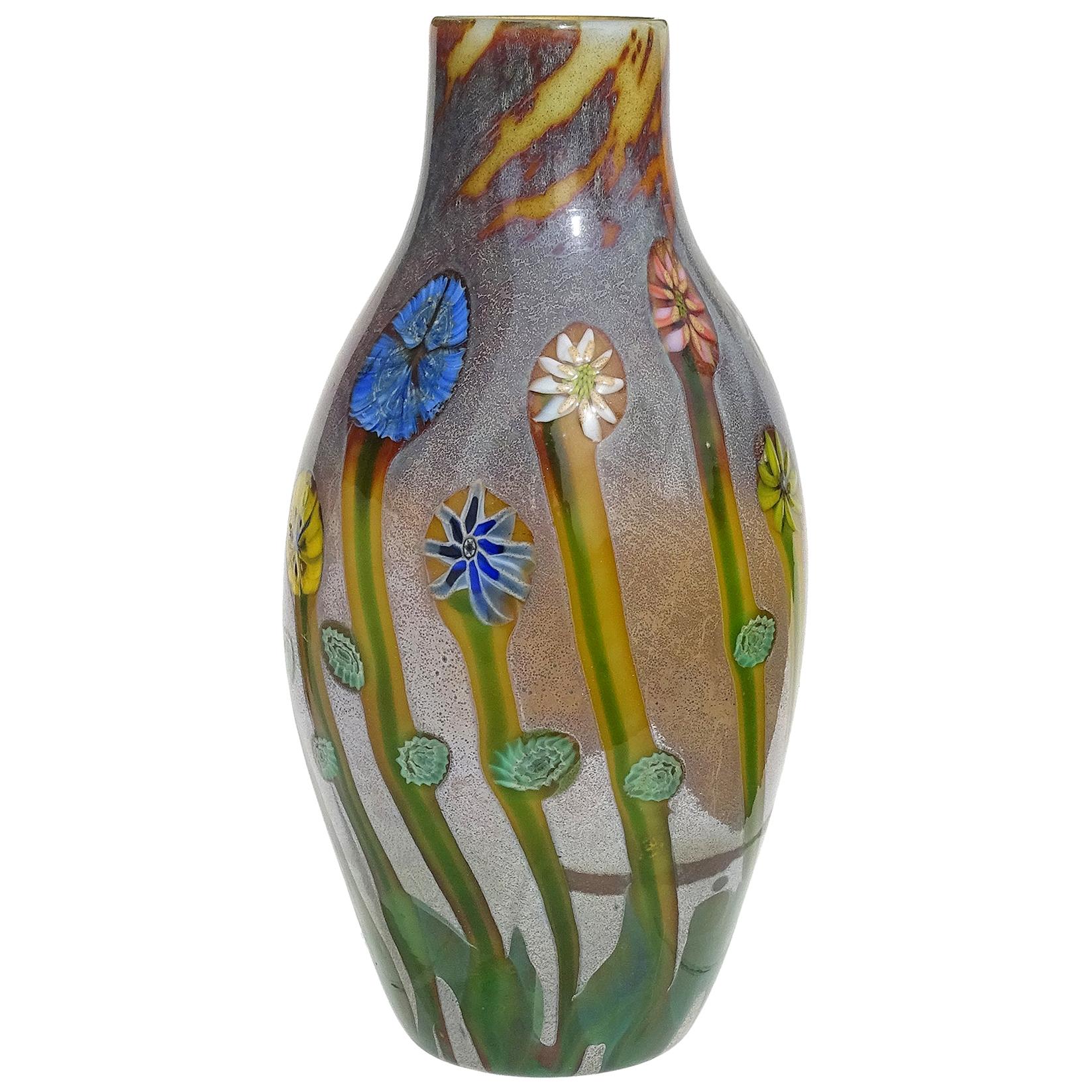 Murano Opalescent Chalcedony Millefiori Flower Murrines Italian Art Glass Vase
