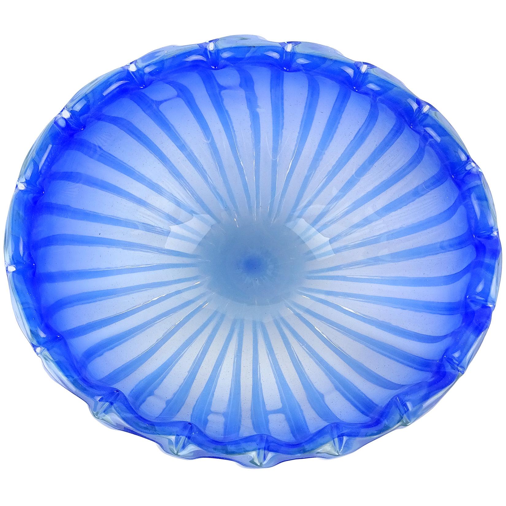Mid-Century Modern Murano Opalescent Cobalt Blue Italian Art Glass Ribbed Centerpiece Bowl Vase For Sale