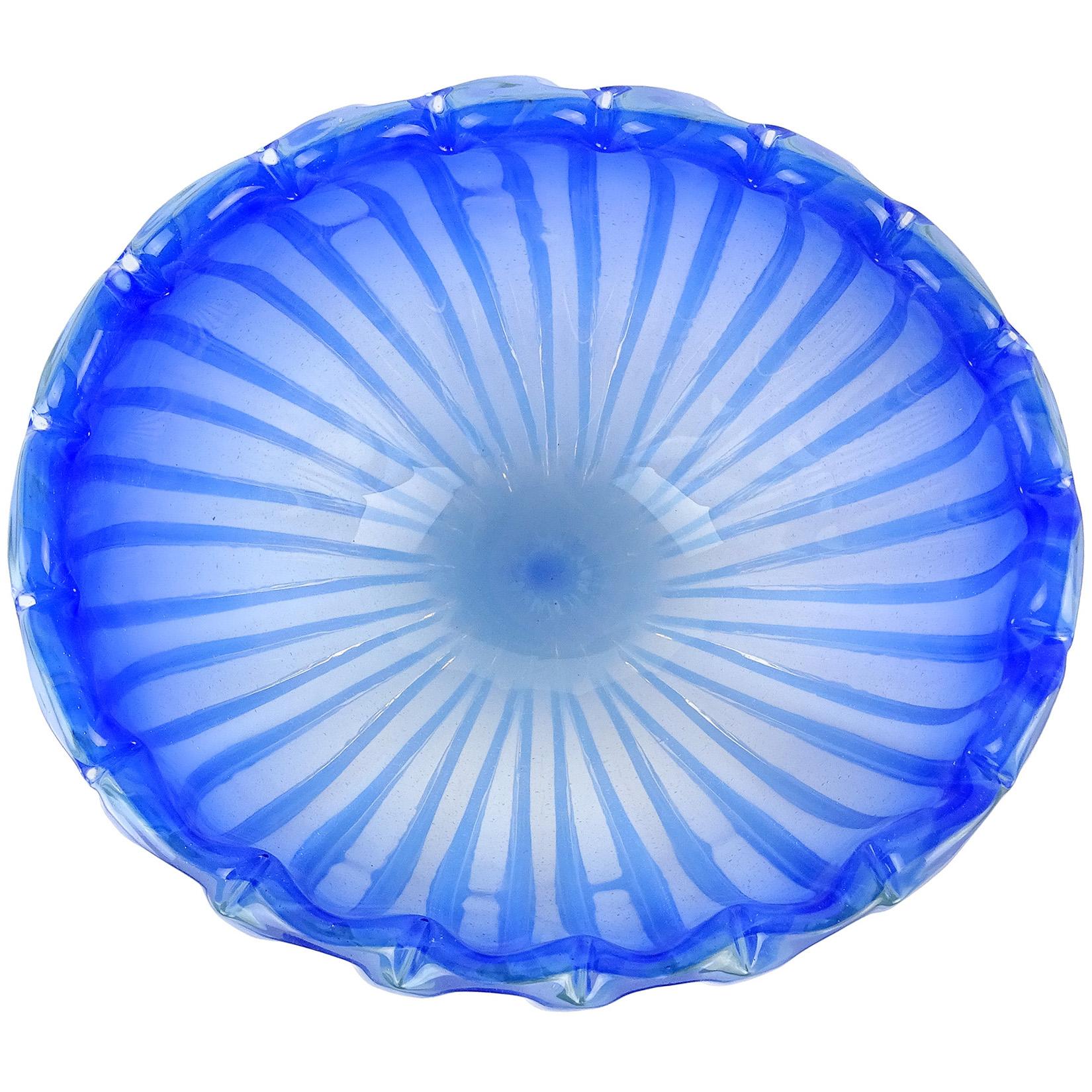 Mid-Century Modern Murano Opalescent Cobalt Blue Italian Art Glass Ribbed Centerpiece Bowl Vase