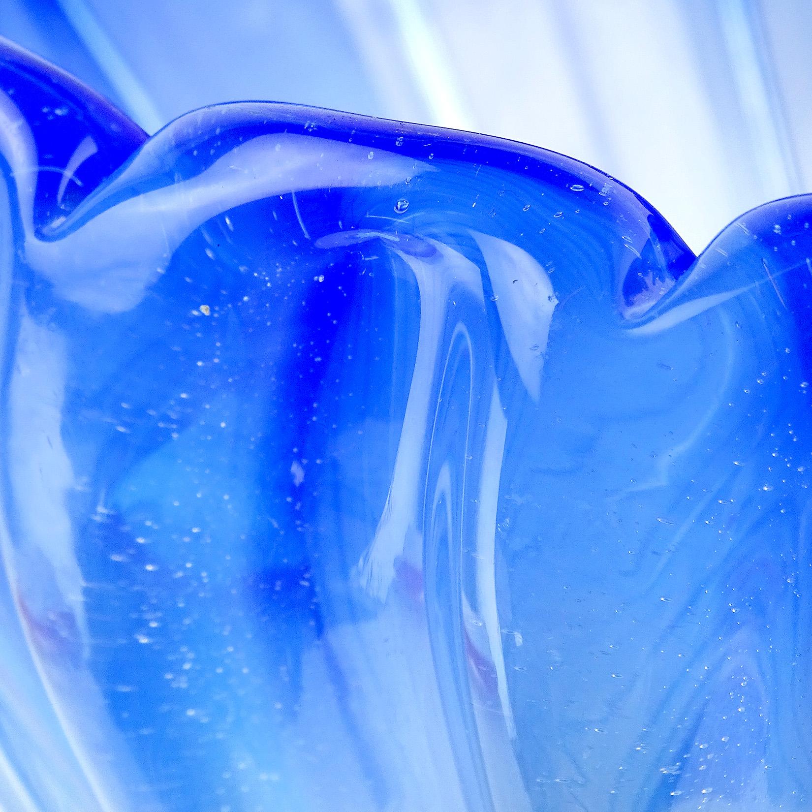 Hand-Crafted Murano Opalescent Cobalt Blue Italian Art Glass Ribbed Centerpiece Bowl Vase