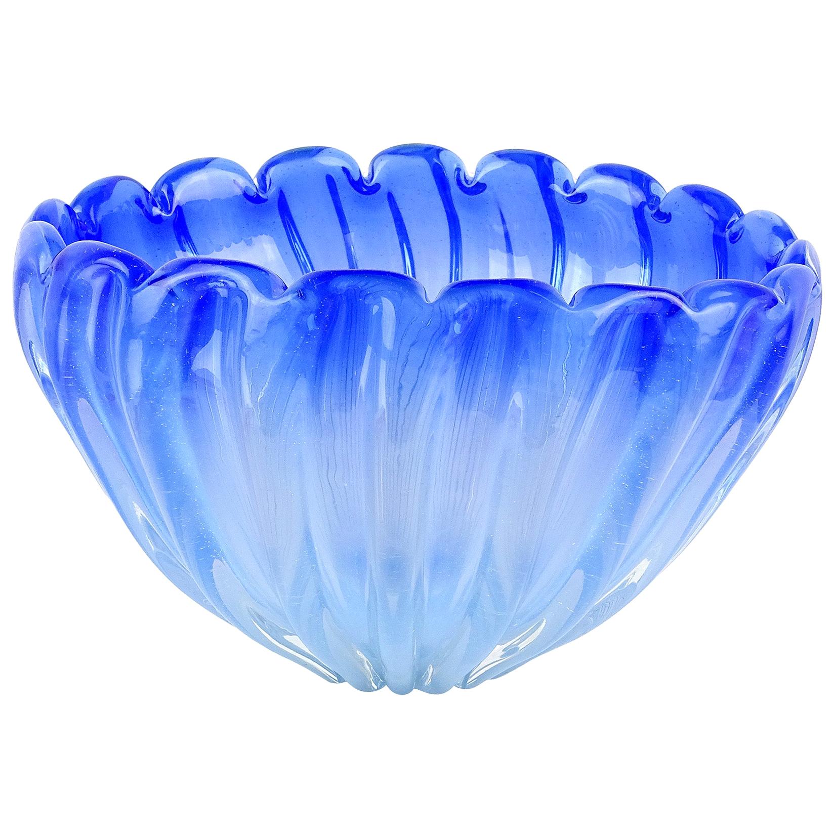 Murano Opalescent Cobalt Blue Italian Art Glass Ribbed Centerpiece Bowl Vase