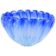 Retro Murano Opalescent Cobalt Blue Italian Art Glass Ribbed Centerpiece Bowl Vase