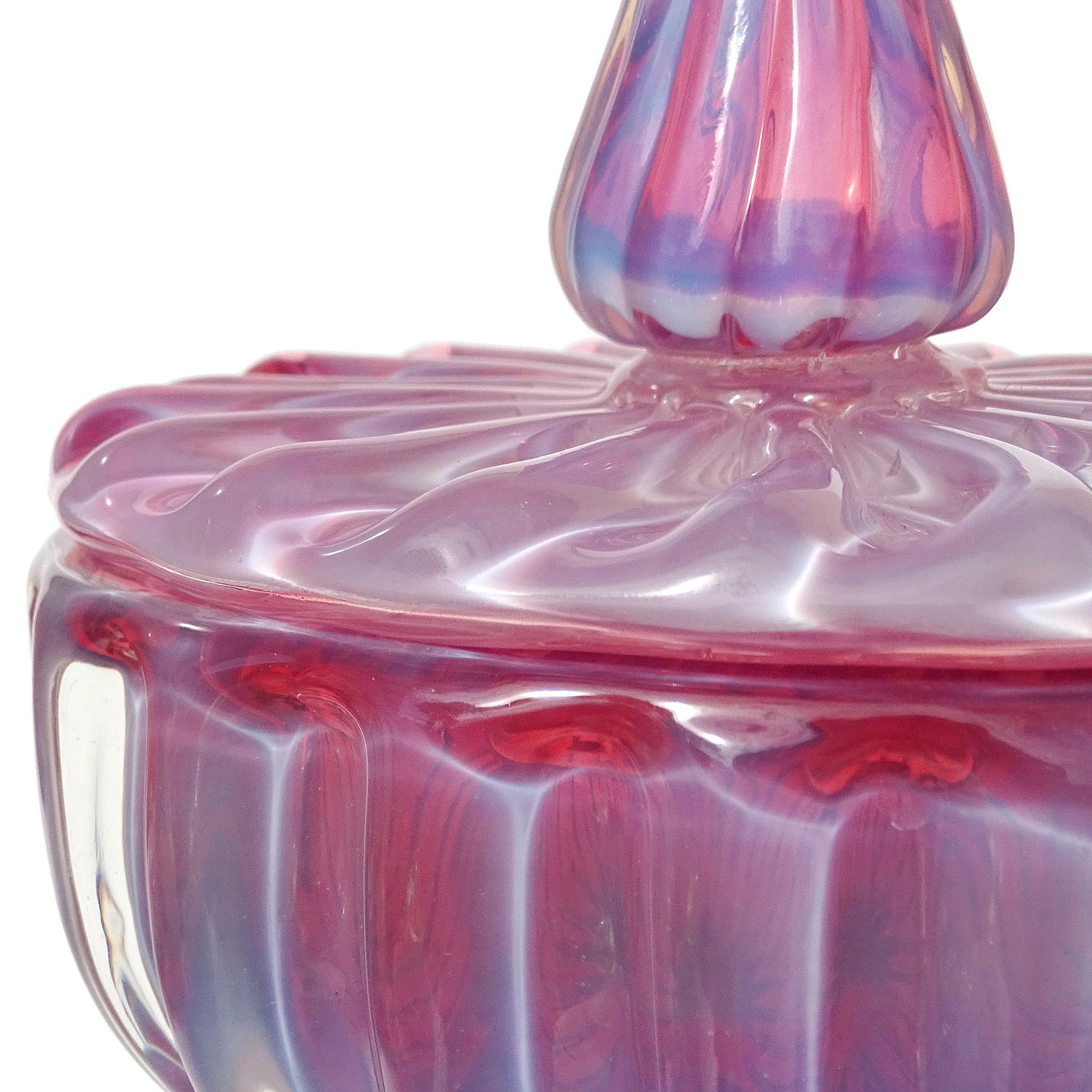 Hand-Crafted Murano Opalescent Dark Pink Italian Art Glass Ribbed Vanity Jewelry Powder Box