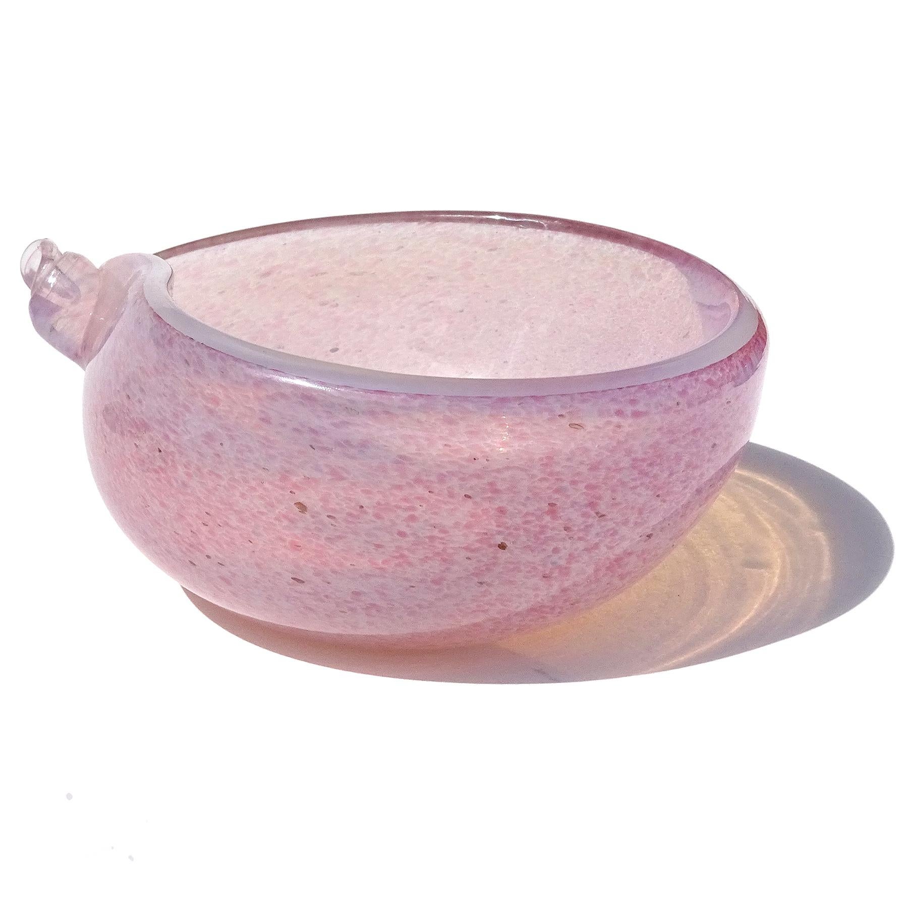 Beautiful vintage Murano hand blown opalescent white and pink spots Italian art glass decorative seashell shape bowl / vide-poche. It has been attributed to the Fratelli Toso company. The bowl has an inner layer of transparent white opal glass,