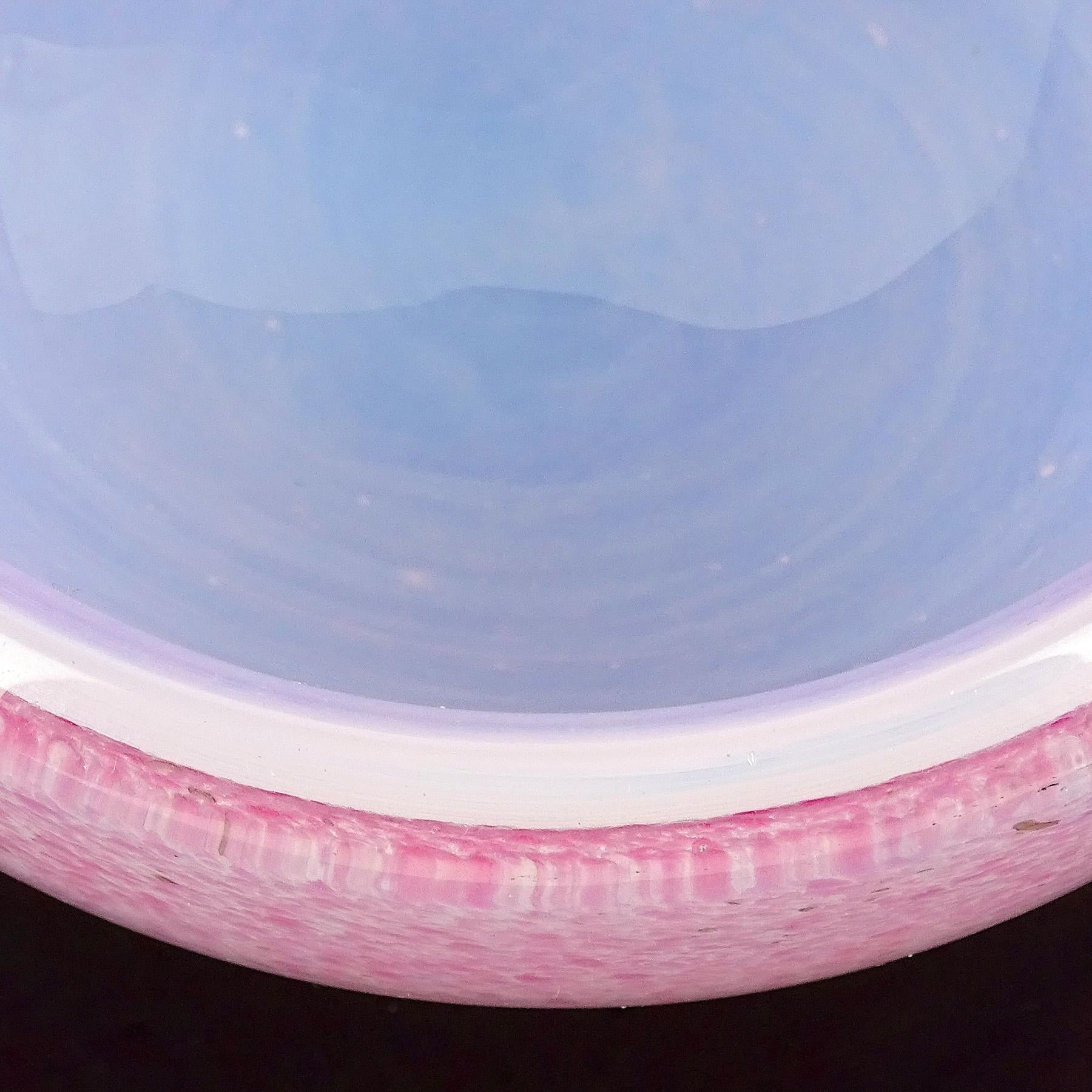 Mid-Century Modern Murano Opalescent Pink Spots White Italian Art Glass Scroll Design Seashell Bowl For Sale