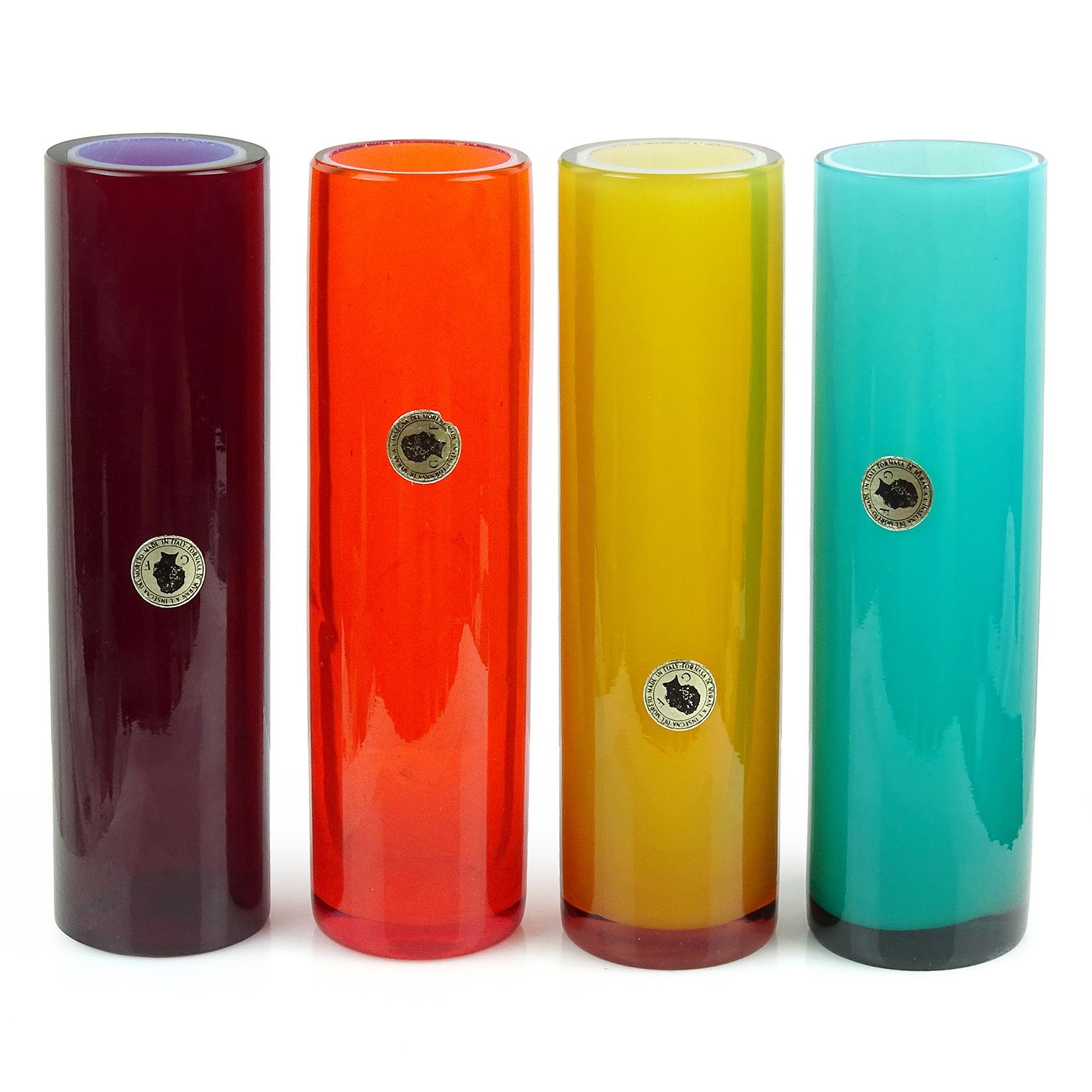 Priced per vase (4 colors available as shown). Beautiful vintage Murano hand blown opalescent dark red, bright orange, yellow and light blue Italian art glass flower vases. Documented to designer Galliano Ferro, for the Fornasa De Murano A L'Insegna