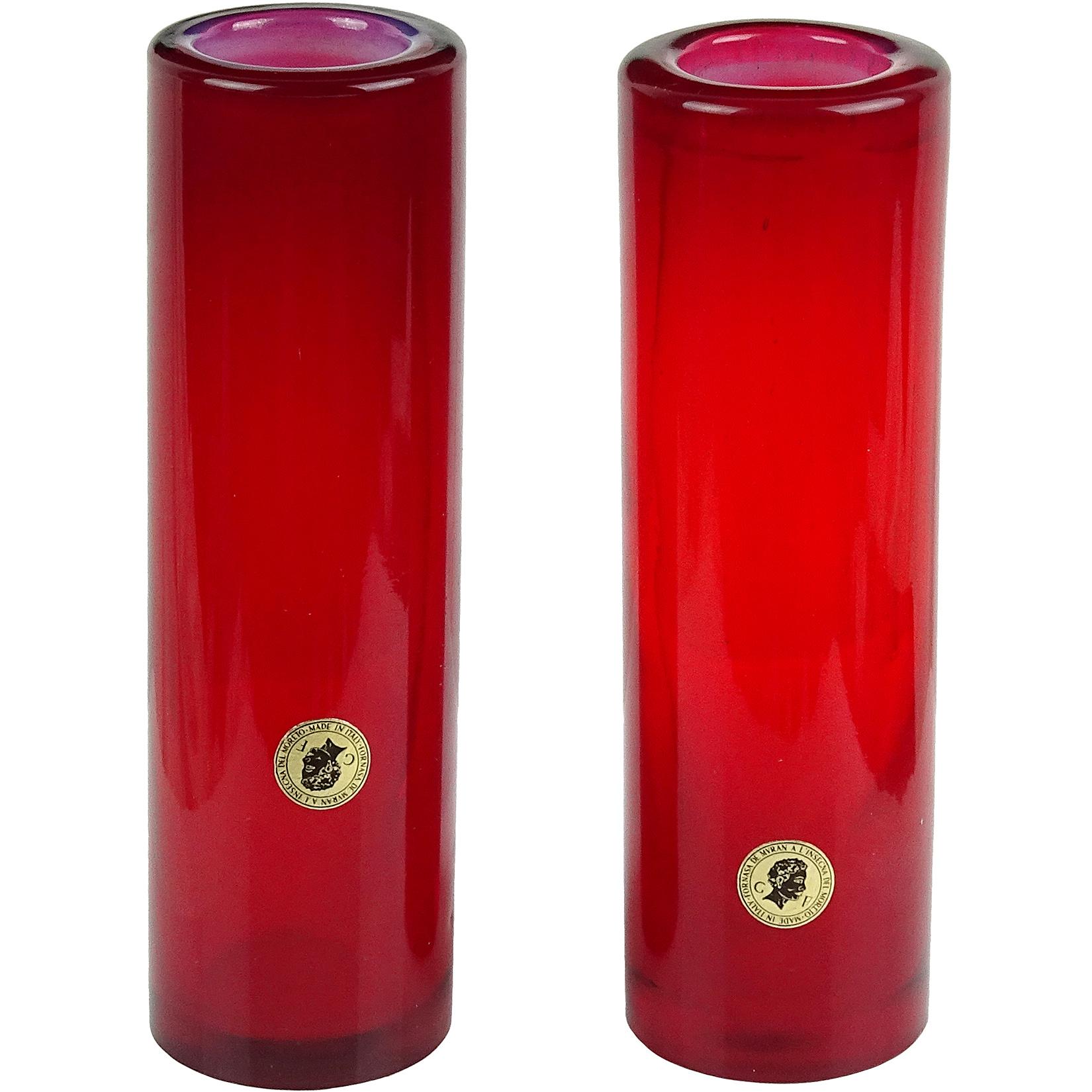 Hand-Crafted Murano Opalescent Red Italian Art Glass Round Cylinder Flower Vase, One Left For Sale