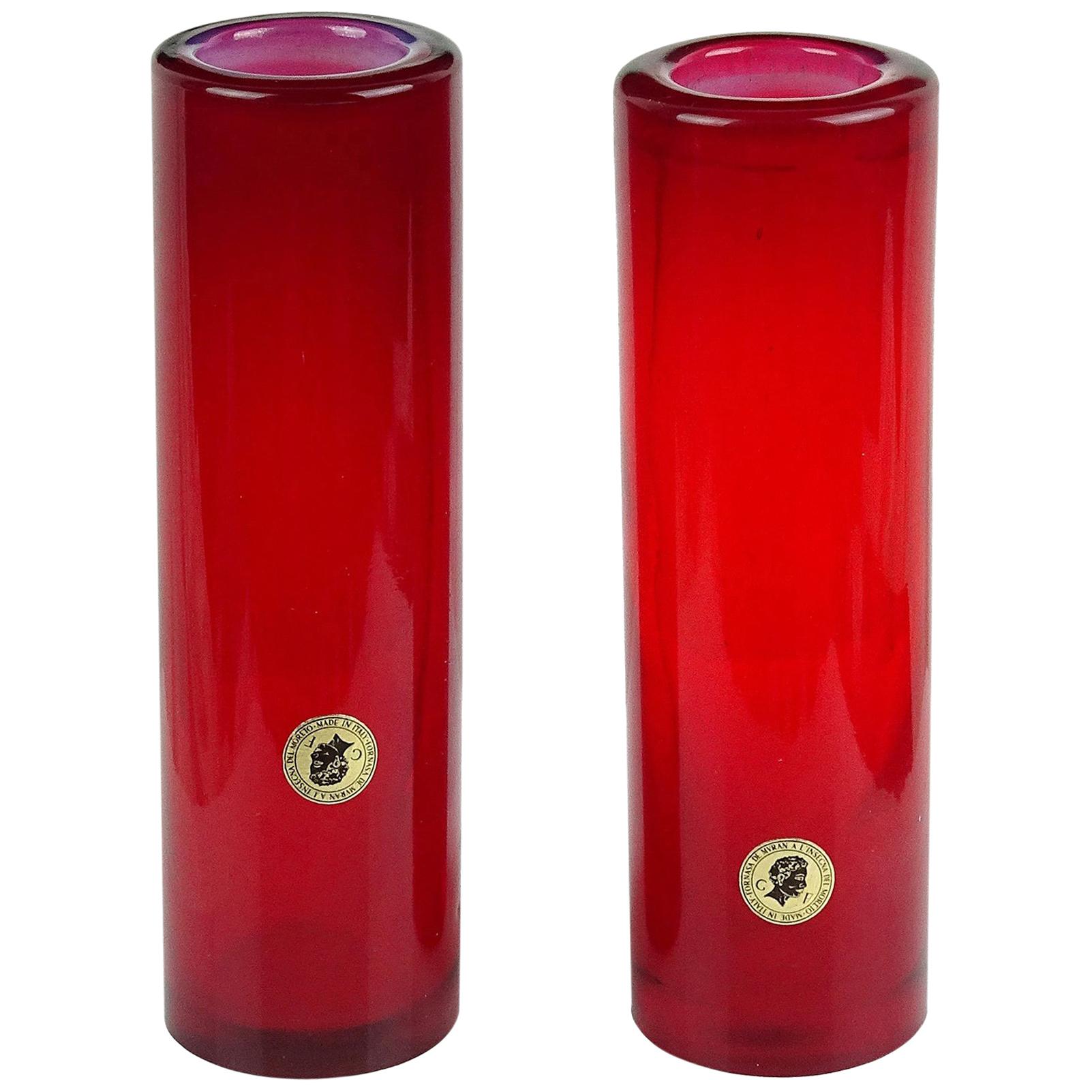 Murano Opalescent Red Italian Art Glass Round Cylinder Flower Vases with Labels