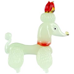 Murano Opalescent Red Orange Bow Italian Art Glass Poodle Puppy Dog Sculpture