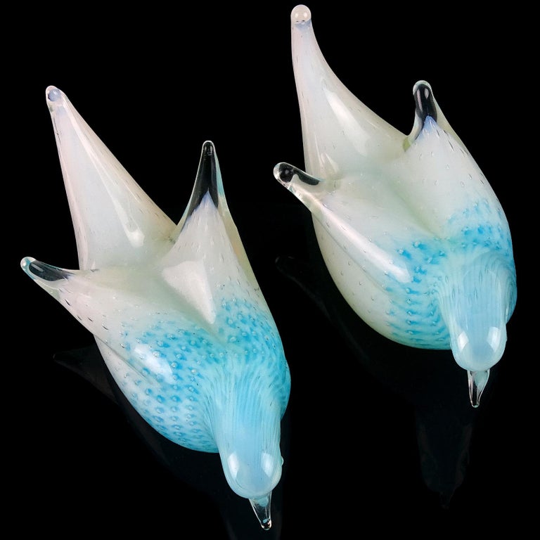 Murano Opalescent White Blue Bubbles Italian Art Glass Dove Bird Figurines For Sale 2