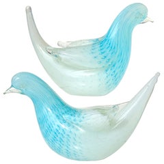 Murano Opalescent White Blue Bubbles Italian Art Glass Dove Bird Figurines
