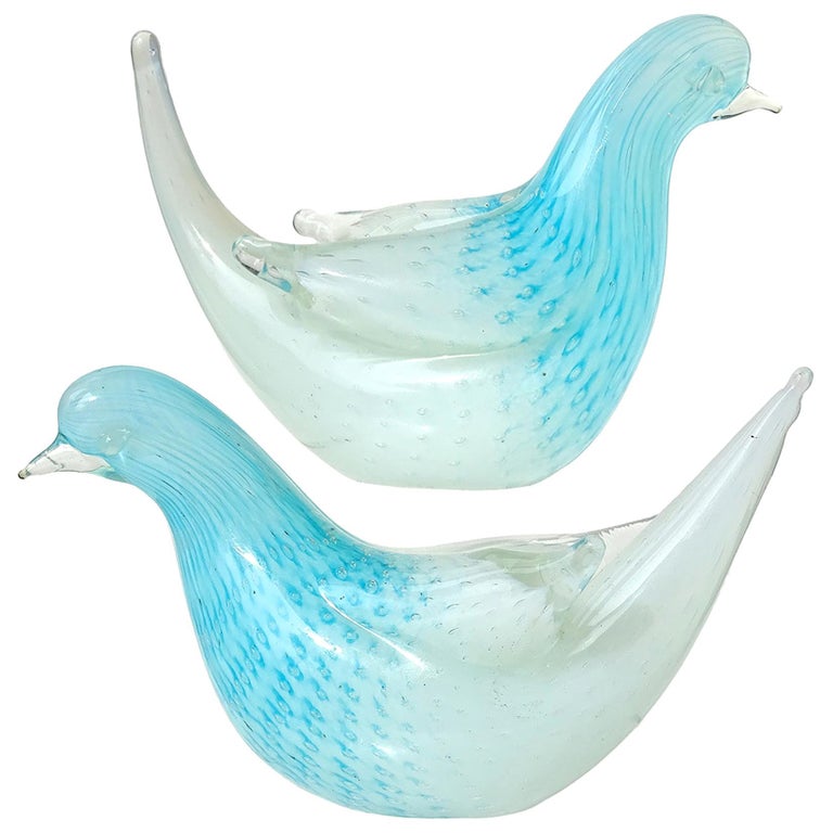 Murano Opalescent White Blue Bubbles Italian Art Glass Dove Bird Figurines For Sale