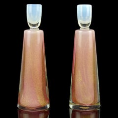 Murano Opalescent White Pink Gold Flecks Italian Art Glass Candle Holders Set