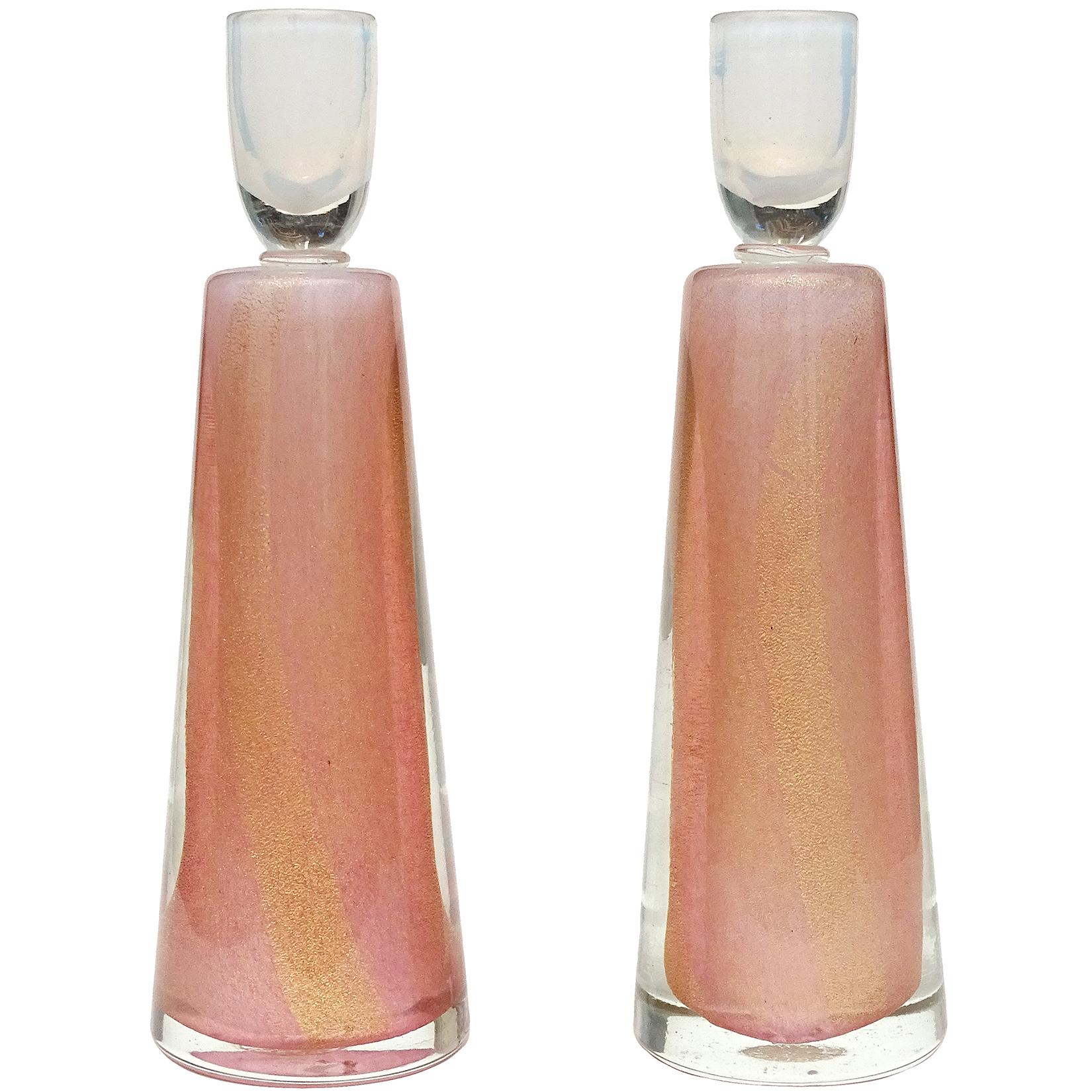 Murano Opalescent White Pink Gold Flecks Italian Art Glass Candle Holders Set