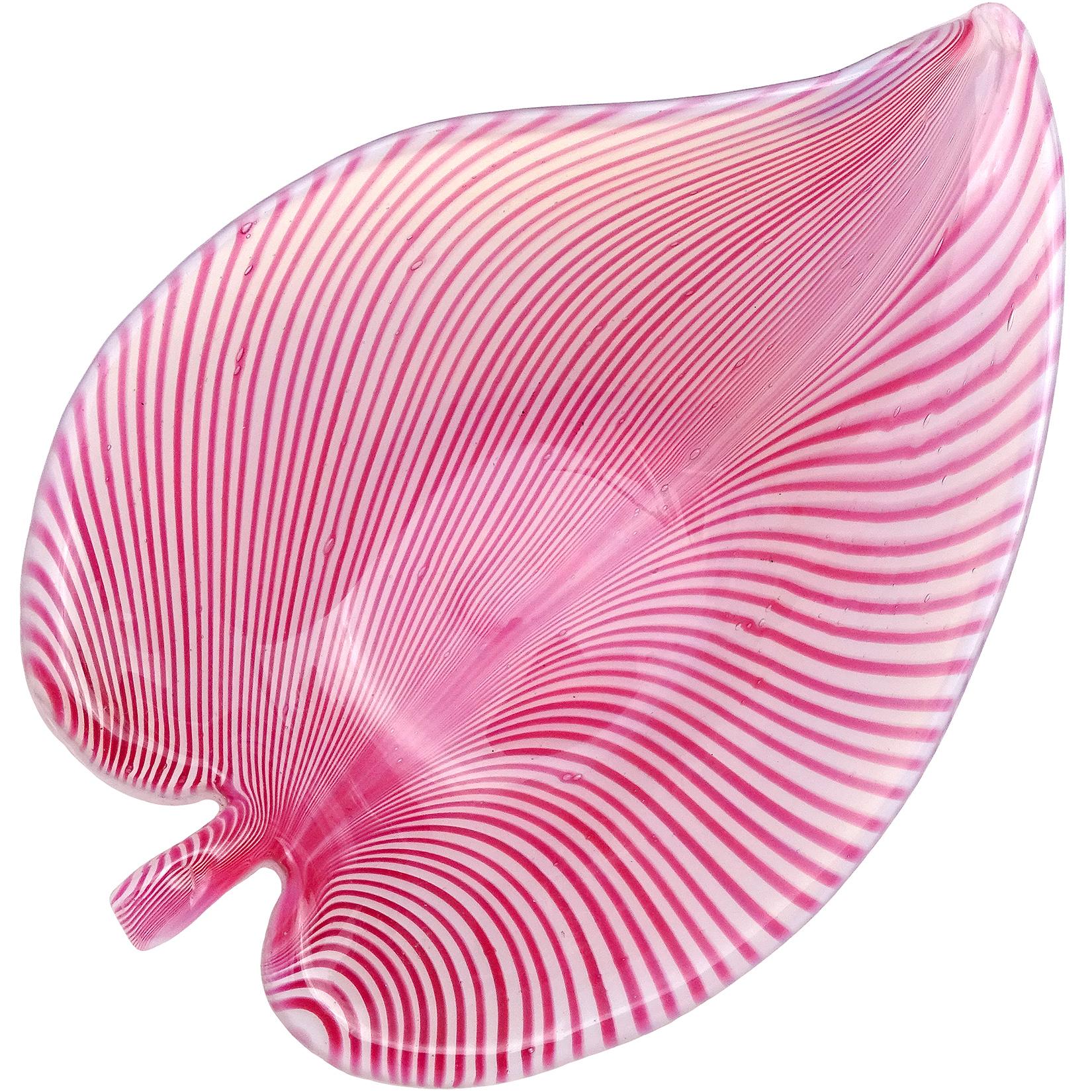 Murano Opalescent White Pink Pulled Feather Design Italian Art Glass Leaf Bowl