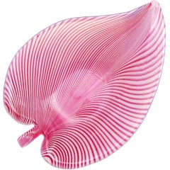 Murano Opalescent White Pink Pulled Feather Design Italian Art Glass Leaf Bowl