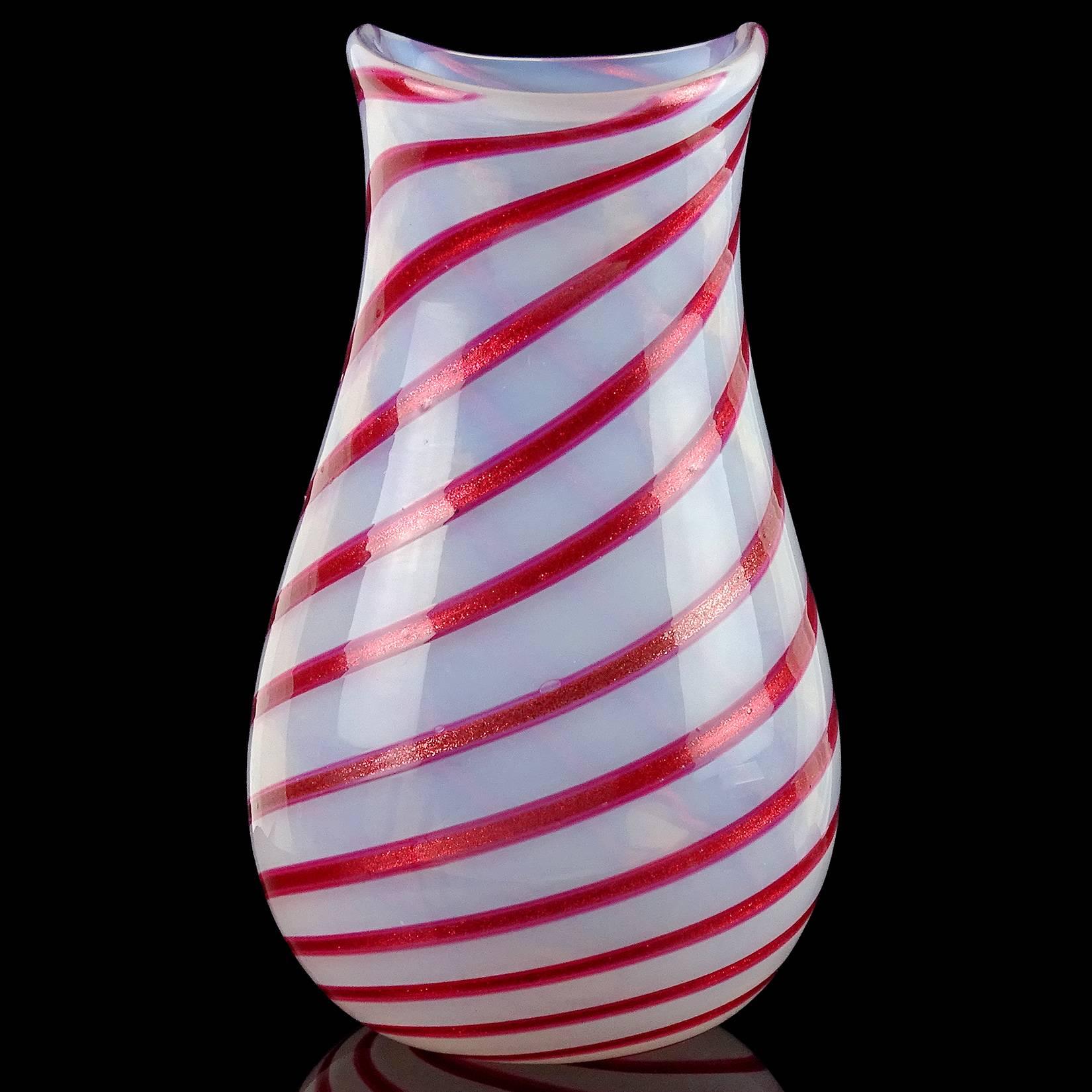 Mid-Century Modern Murano Opalescent White Red Aventurine Flecks Italian Art Glass Flower Vase