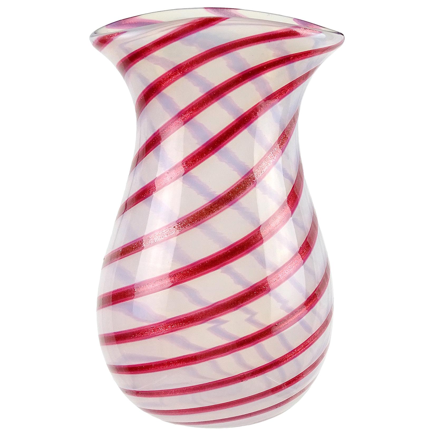 Murano Opalescent White Red Aventurine Flecks Italian Art Glass Flower Vase