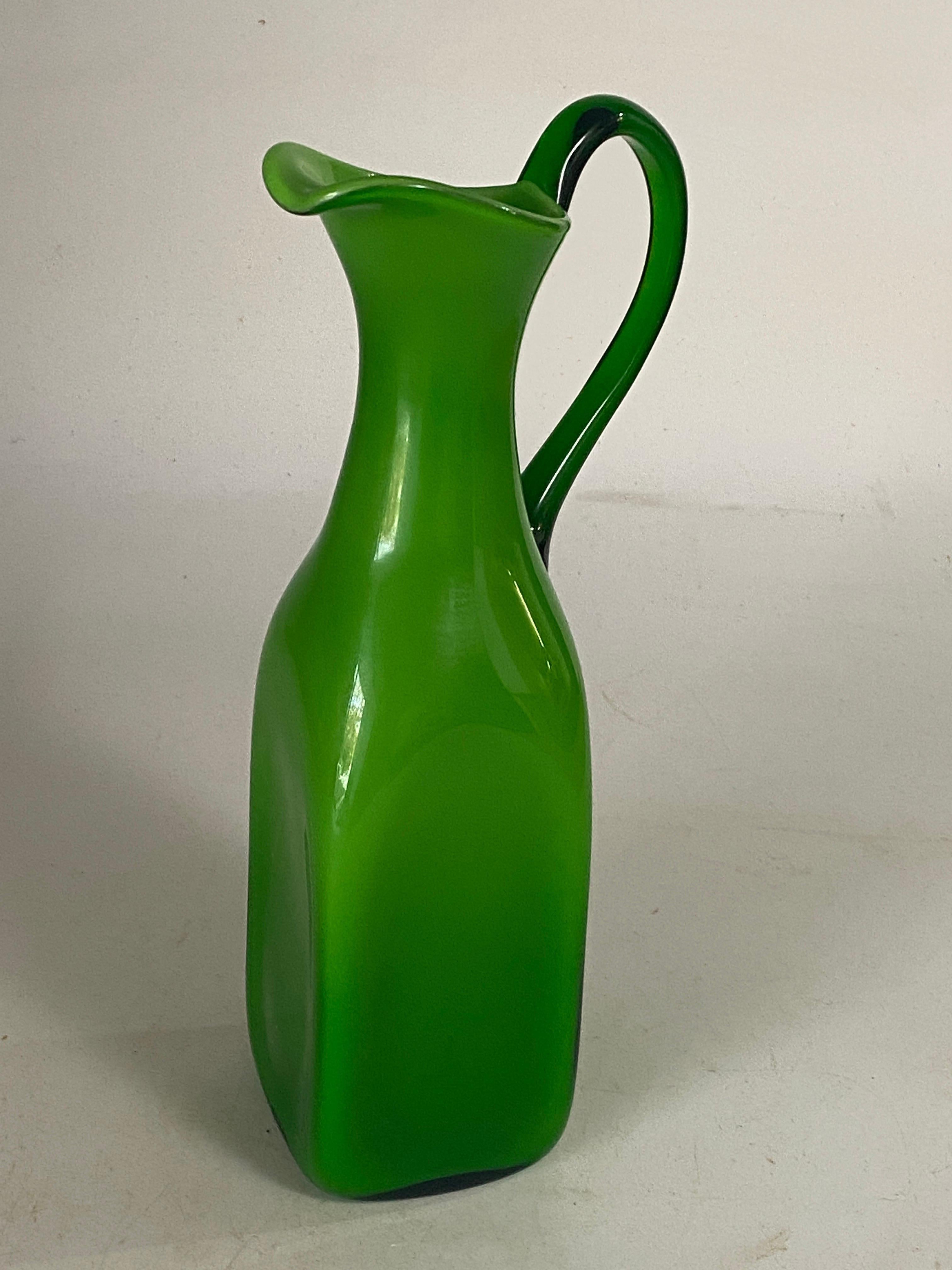 Italian Murano Opaline and Glass  Pitcher with handle Green Color Italy For Sale