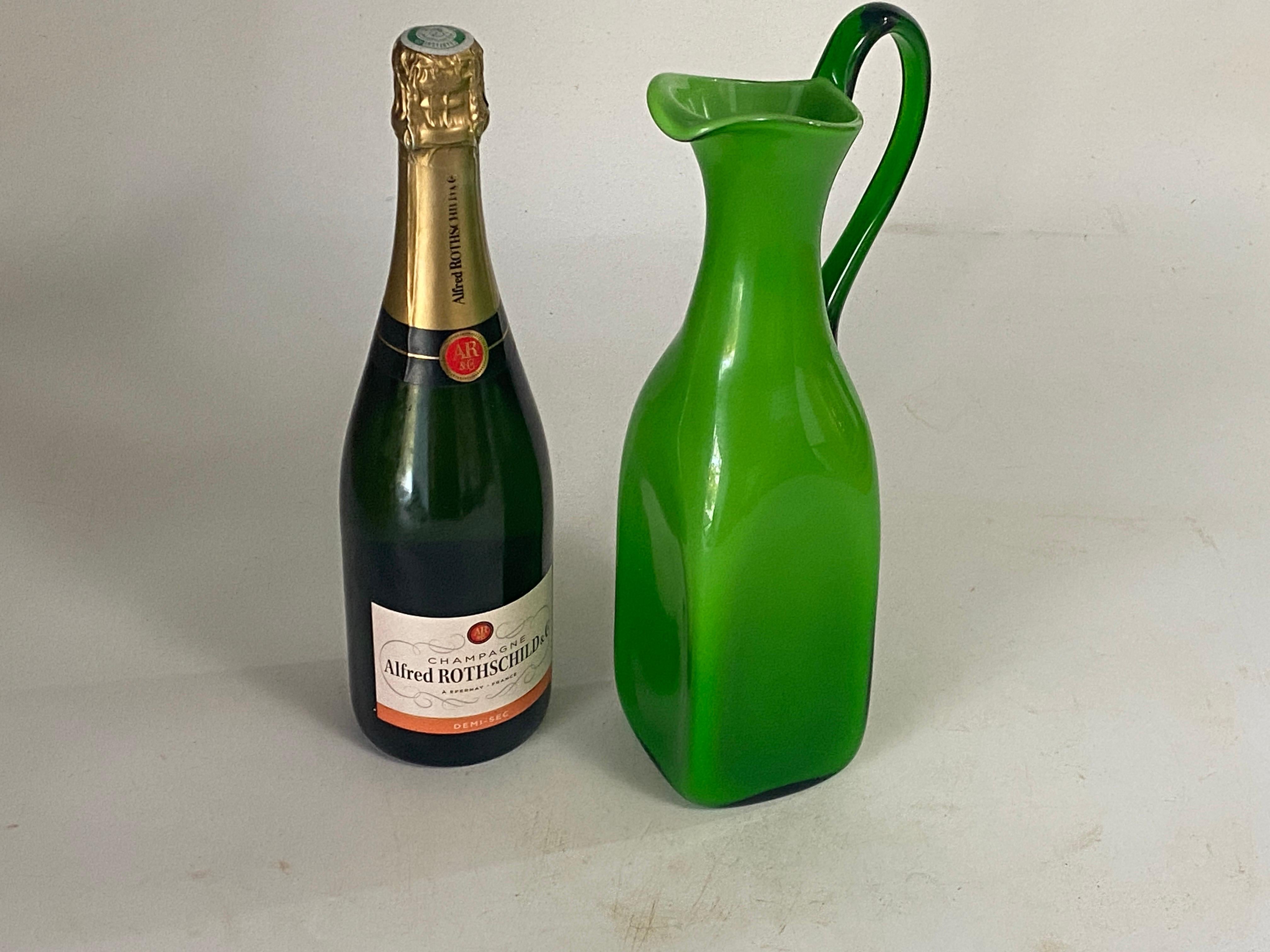 Art Glass Murano Opaline and Glass  Pitcher with handle Green Color Italy For Sale