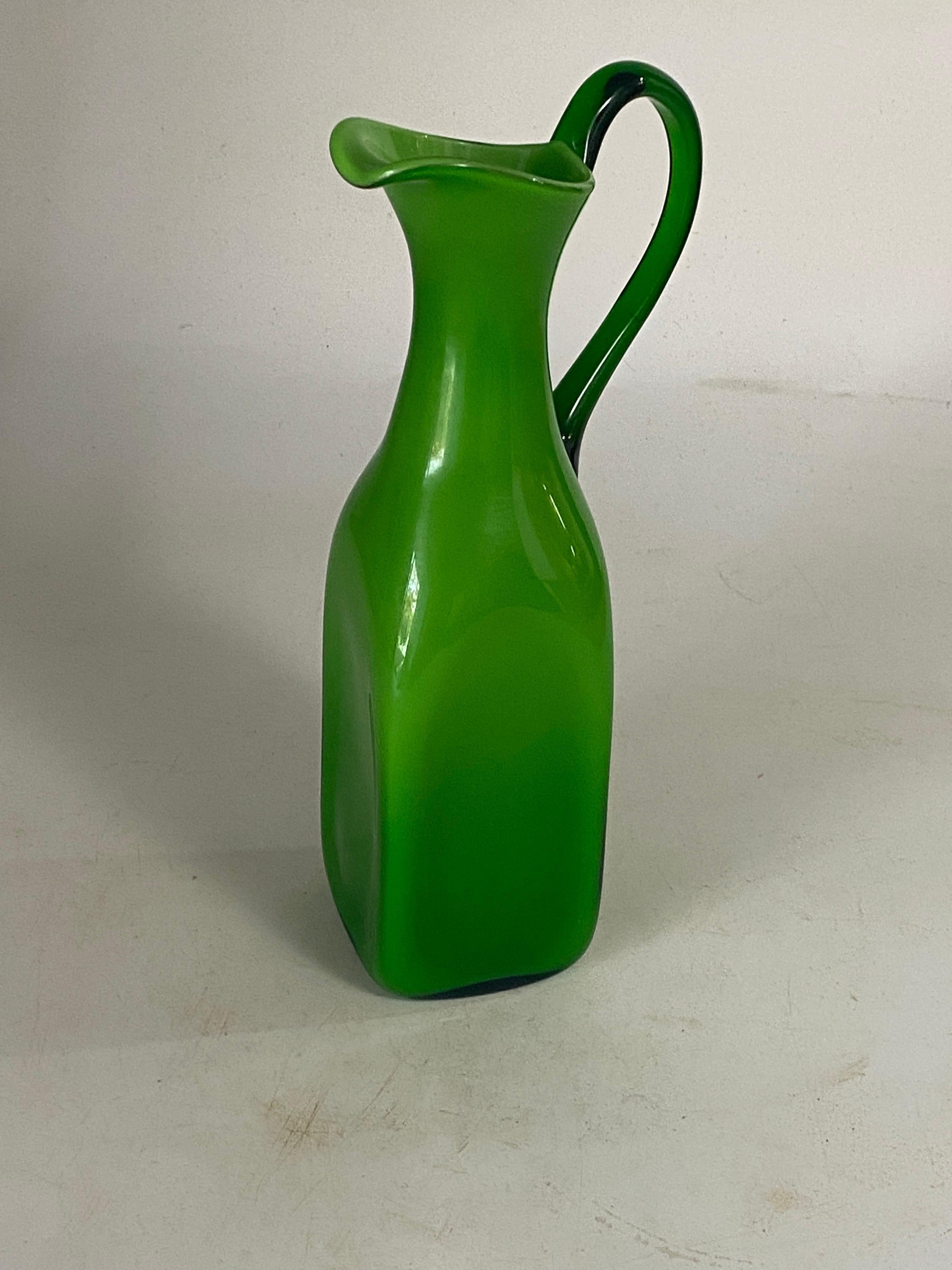 Murano Opaline and Glass  Pitcher with handle Green Color Italy For Sale 2
