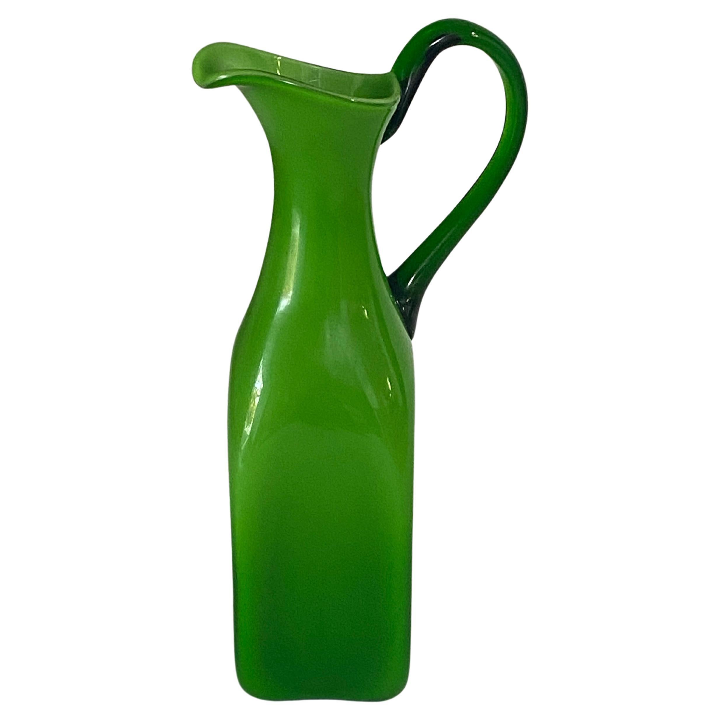 Murano Opaline and Glass  Pitcher with handle Green Color Italy For Sale