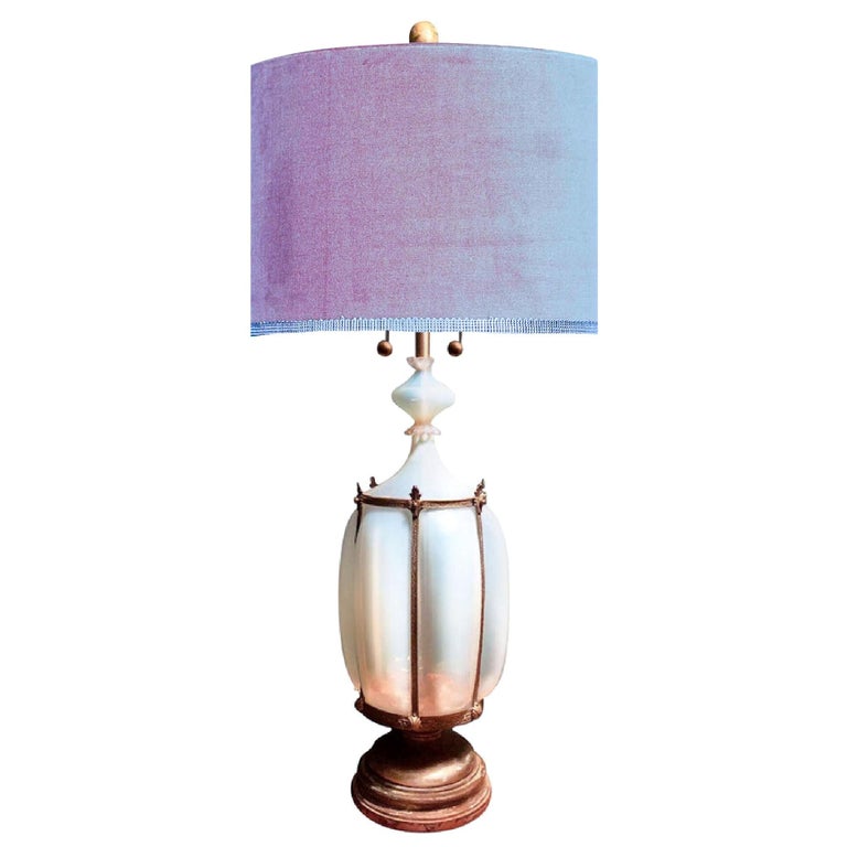 Murano Opaline Caged Art Glass Monumental Table Floor Lamp Regency For Sale