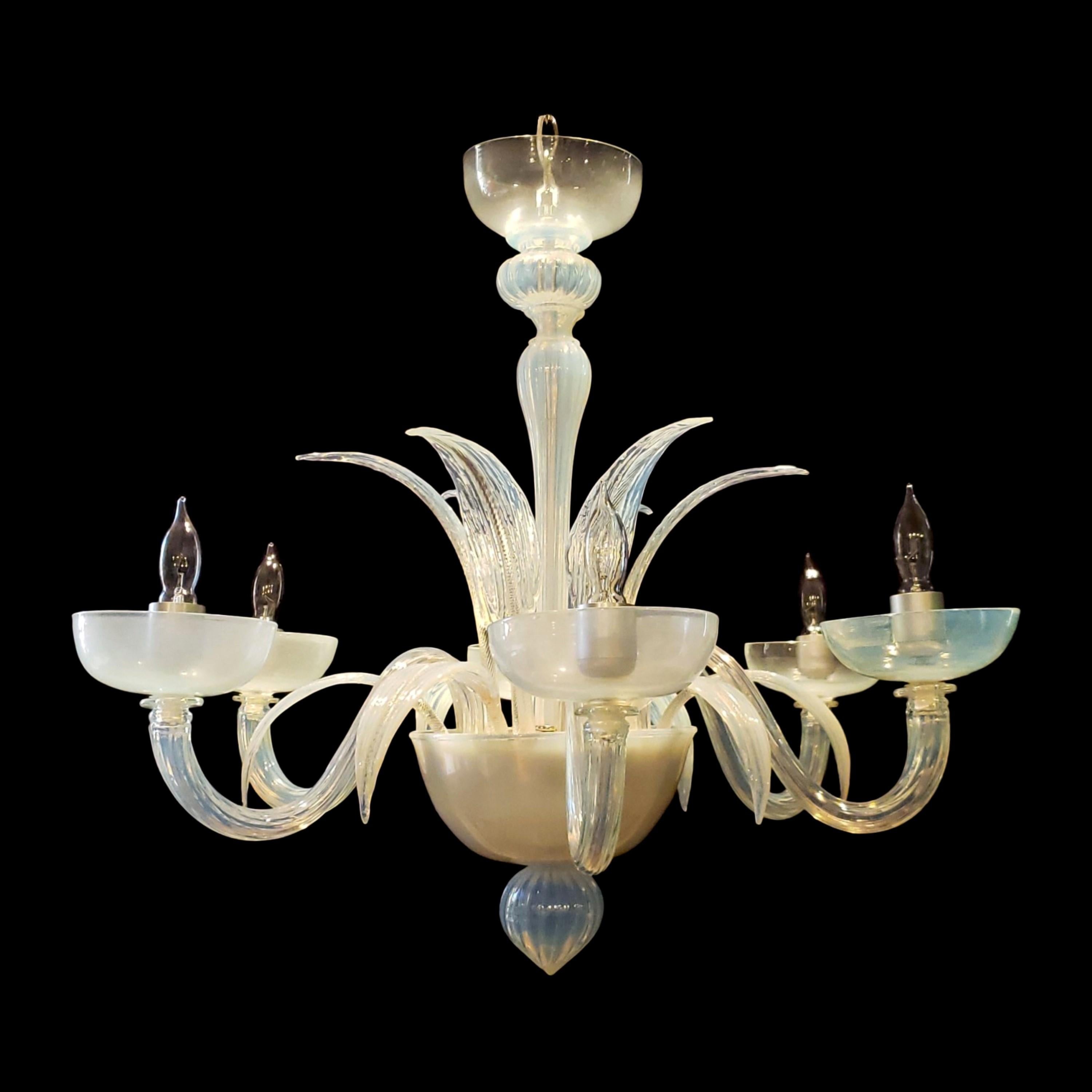 Hand made Murano opaline chandelier with six S shaped arms and up and down leaves. This comes rewired and ready to install. Ships disassembled. Cleaned and restored. Please note, this item is located in our Scranton, PA location.