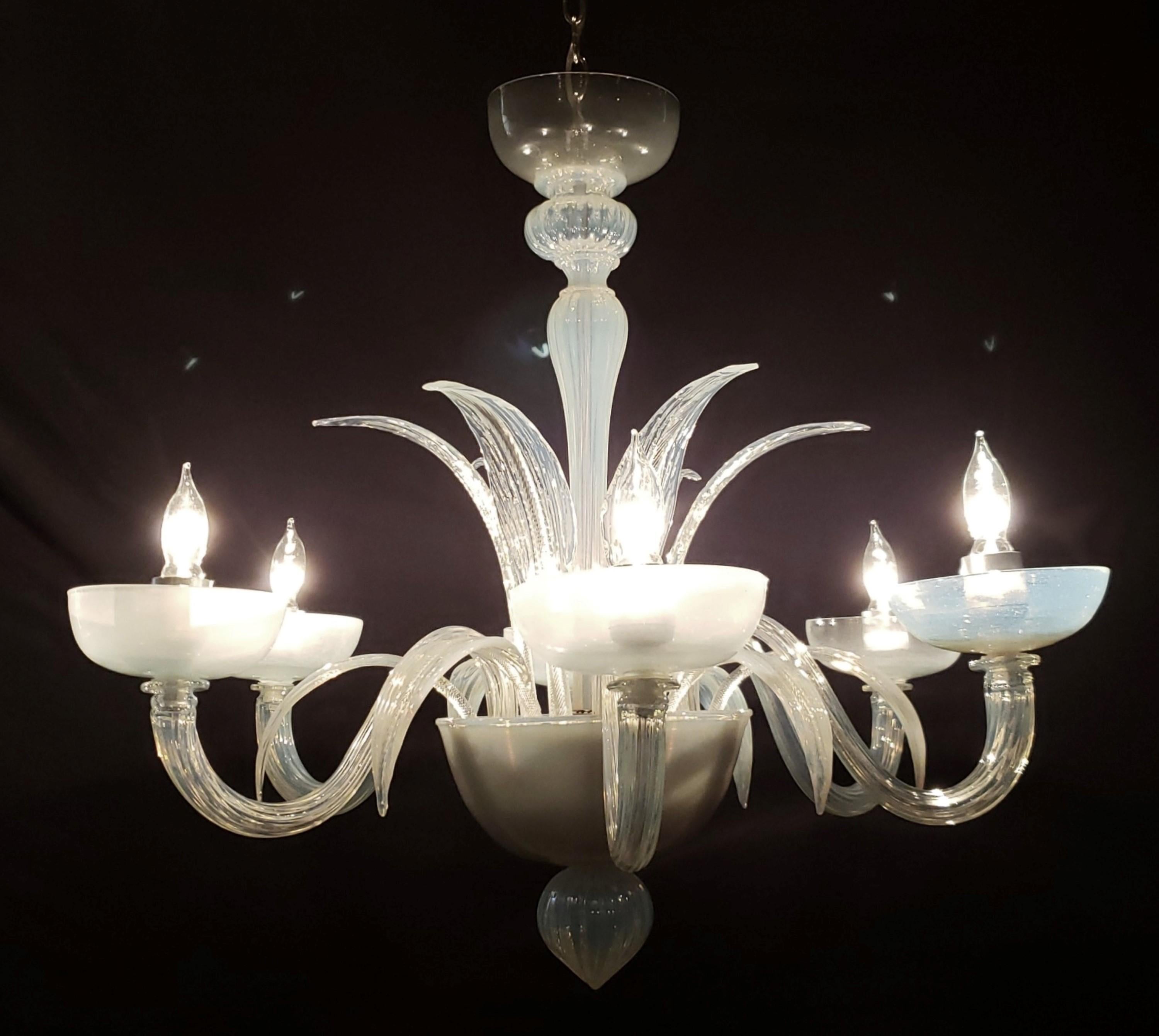 Murano Opaline Glass 6 S Arm Chandelier w Up Down Leaves In Good Condition For Sale In New York, NY