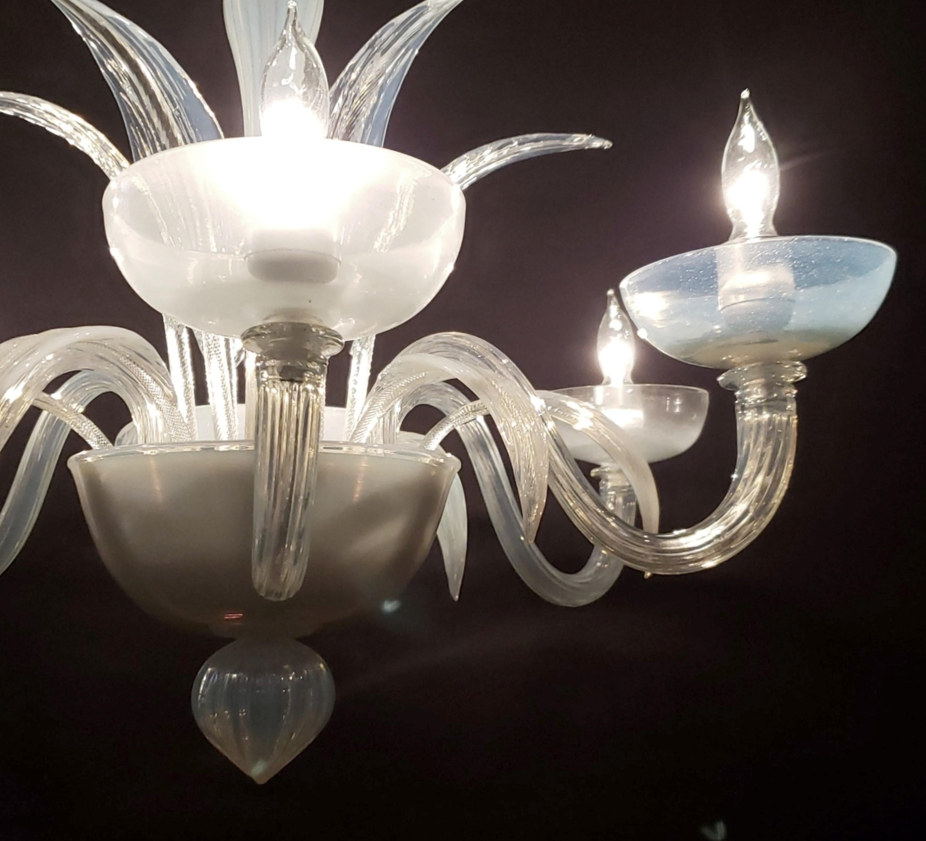 20th Century Murano Opaline Glass 6 S Arm Chandelier w Up Down Leaves For Sale